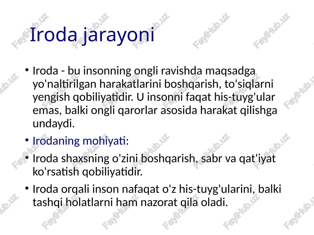 a): haddan tashqari faollik, tinimsizlik, beqarorlik holati. inson o'zini nazorat qilolmaydi, har narsaga aralashadi. manik sindrom, epilepsiya, psixopatiyada kuzatiladi. paralich irodasi (iroda falajligi): inson nimanidir qilishni xohlaydi, lekin bajara olmaydi. ichki ziddiyat, qo'rquv yoki nevrotik buzilishlar sababli paydo bo'ladi. tibbiyot xodimlarining irodasi buzilgan bemorlar bilan munosabatda bo'lish psixologiyasi muloqotda psixologik yondashuv: bemorni e'tibor bilan tinglash. bemorning his-tuyg'ularini inkor qilmaslik. hamdardlik, sabr va ishonch muhitini yaratish. motivatsiyani qayta shakllantirish: bemorni kichik, bajarilishi oson maqsadlar sari yo'naltirish. har bir kichik muvaffaqiyatni maqtash. "siz buni uddalaysiz" kabi ruhlantiruvchi iboralardan foydalanish. shifokor va hamshiraning vazifalari: irodasi pasaygan bemorga ruhiy turtki berish. sababini tahlil qilib, bosqichma-bosqich ishonchni tiklash. dori bilan davolashni ruhiy tiklanish bilan uyg'unlashtirish. kasallikka mos ravishda individual yondashuv tanlash. emotsional qo'llab-quvvatlash: bemor bilan iliq munosabat o'rnatish. ijobiy kayfiyat yaratish ( ishonchli suhbat)