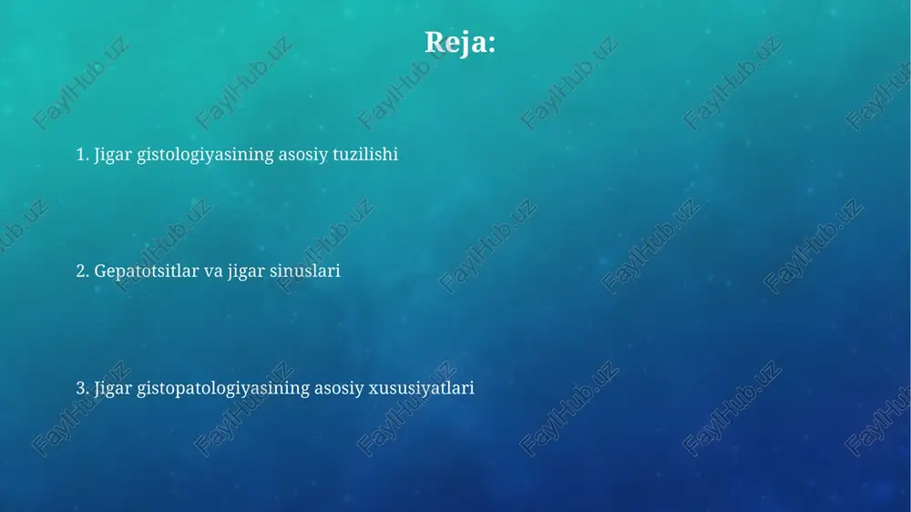 igar to'qimasidagi yog' miqdori (steatoz) foizini baholash, noalkogolli yog'li jigar kasalligi (nafld) og'irligini va rivojlanish xavfini baholash uchun muhim. jigar gistologiyasini o'rganish usullari gistologik preparatlar tayyorlashda fiksatsiya usuli muhim, formalinning 10% eritmasi keng qo'llaniladi, bu hujayra tuzilishini saqlab, keyingi bo'yash bosqichiga tayyorlaydi. mikroskopiya usullari, masalan, yorug'lik mikroskopiyasi keng tarqalgan bo'lib, gematoksilin va eosin (h&e) bilan bo'yash jigar to'qimasining asosiy tuzilishini aniqlashga yordam beradi. e'tiboringiz uchun rahmat image2.png image5.jpg image6.jpg image7.jpg image8.jpg image9.jpg image10.jpg