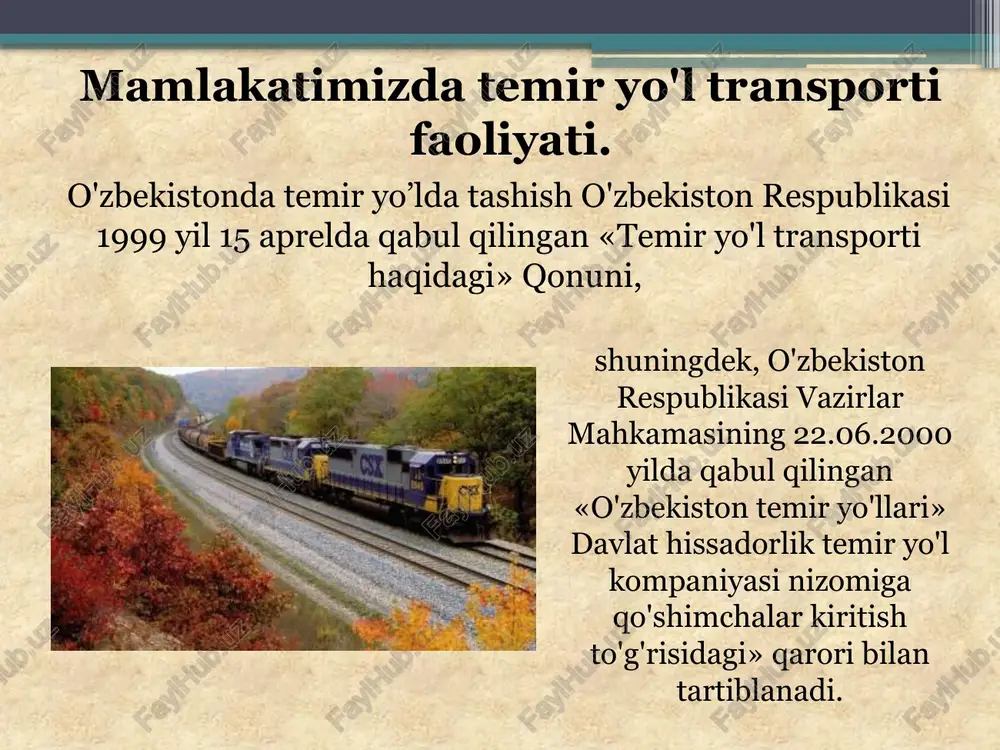 alarga bo'lingan. - «o'zbekiston temir yo'llari» dak - 51%; - jamoada mexnat qiluvchi kollektiv va «o'zbekiston temir yo'llari» dak xodimlari- 2%; - chet el investorlari - 47%. 0.51 2.0000000000000025e-2 0.47000000000000008 turistlarning temir yo'l xizmatlaridan foydalanishi yevropada poyezdlar quyidagicha tasniflanadi: td - qitalararo ekspress; jc - xalqaro ekspress; jcl - tezyurar superekspress; tee - firma ekspressi; ec - tezyurar ekspress va x.k. doimiy jadvalli yo'lovchi poezdlarida turistlarni tashish -transport guruhli marshrutini tashkil qilishning asosiy elementlaridan biri hisoblanadi. xuddi shu sayohatni tashkillashtirish talablarini aniqlab beradi: turistik marshrutlarni tuzish; har bir turistik tashkilot tomonidan ma'qullangan jadvallarga muvofiq holda turistik guruhlarning yo'nalishi va qabuli haqida turistik tashkilotlar bilan kelishuvni amalga oshirish; turistik - ekskursion tashkilotlar bilan temir yul transport korxonalari orasidagi o'zaro aloqalarni amalga oshirish. yo’lovchi poezdida joylarni band qilish va biletlarni oldindan sotish. joylarni band qilishga buyurtmalarni qabul qilish - poezd junatilishidan 45 sutka oldin bajariladi. yo'l hujjatlarini rasmiylashtirish - temir yo'l xodimi …