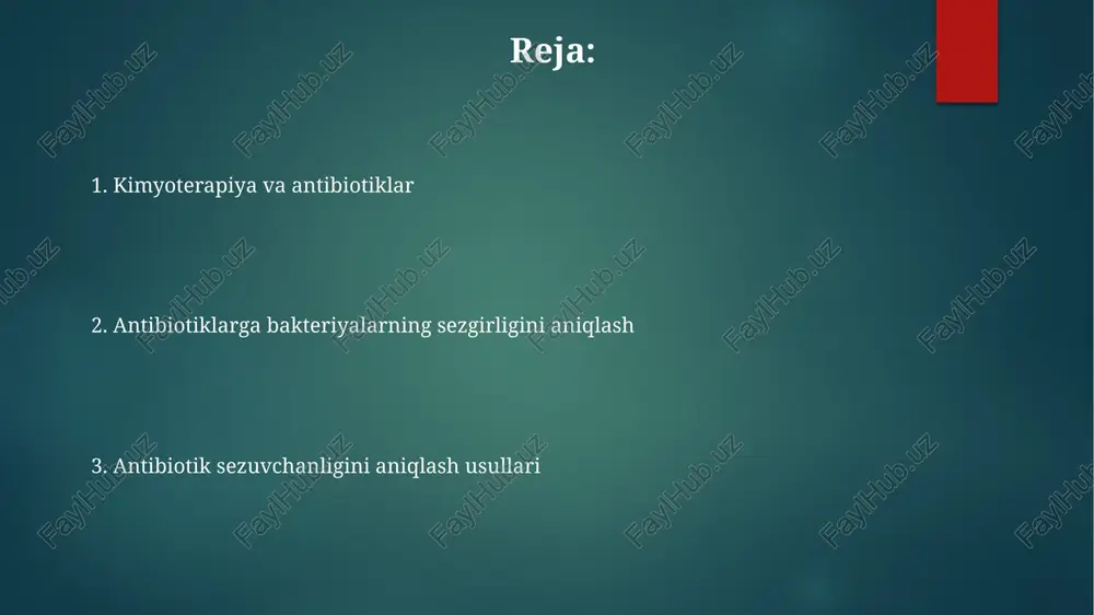 chiqaruvchi bakteriyaga eng mos 5-7 xil antibiotikni aniqlab, bemorga kerakli davoni tayinlashadi. e'tiboringiz uchun rahmat @taqdimot_robot image1.png image2.png image3.png image4.png image5.png