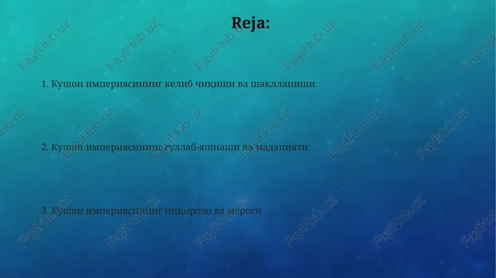 hon san'ati gandhara uslubining rivojlanishiga katta ta'sir ko'rsatdi, unda yunon va hind elementlari uyg'unlashgan holda buddist tasvirlar yaratildi, bu esa mintaqada buddizmning tarqalishiga yordam berdi. e'tiboringiz uchun rahmat @taqdimot_robot image4.png image2.png