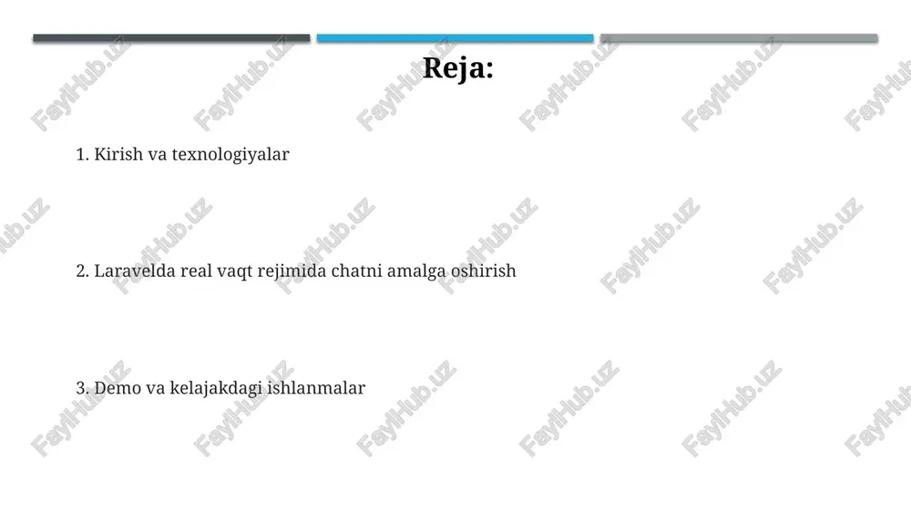 ali websocket ulanishlarini ko'rsatish, real vaqtda ma'lumot almashishni 500 dan ortiq foydalanuvchi bilan simulyatsiya qilish mumkin. kelajakda sun'iy intellekt integratsiyasi, masalan, chat-botlar, xabarlarni avtomatik tarjima qilish va sentiment tahlili, chat ilovasining funksionalligini 75% ga oshiradi. e'tiboringiz uchun rahmat @taqdimot_robot image1.png