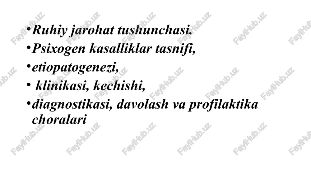 ing doimo kayfiyati tushkun buladi, bunga kuzgalish, kizikishning susayishi, kundalik ishlarga afsalasizlik kushiladi. kunduzi bemorlarni mudrok, bosadi, ular kechalari chukur tolikib uxlay olmaydi va tez-tez uygonib turadi. arzimagan, echimi oson bulgan muammo bemor uchun kiyin, xal kilib bulmaydigandek tuyuladi. yuzidan charchaganlik alomati bilinadi, rangi okargan, tovushi past, uzi charchab, jabrlangan, karidek kurinadi va oza boshlaydi. nevrasteniyaning davomiyligi turlichadir, u bir necha oydan bir necha yilgacha davom etadi. bu esa ruxiy shikastlikning davomiyligiga, chukurliliygiga, xususiyatiga, shaxsning tuzilmasiga, organik asosning bor-yuk;ligiga, somatik bemorlik borligiga va yana kupgina omillarga boglikdir. engil xolatlarda nevrasteniya utuvchan, kupincha surunkalidir kupincha nevrasteniyada bemorlar uzok, vakt davomida nevro- patologlarda muvaffakiyatsiz davolanib yuradilar. terapevt, gastroenterolog, endokrinolog, urologlarga boradilar. nevrasteniyada bemorlar uzlarining kasal ekanliklarini biladilar, ba'zida ularda vrachga axvolini ogirrok, kursatish xoxishlari xam paydo bulib turadi. shifokor bilan samimiy suxbatda, mulokotda unga ishonadi va uz axvolini ochik, bayon kiladi, ammo atrofdagilarga kasalligini bildirgisi kelmaydi bemorlar bosh og'rig'idan, xaѐtiy jaraѐnlarda va …
