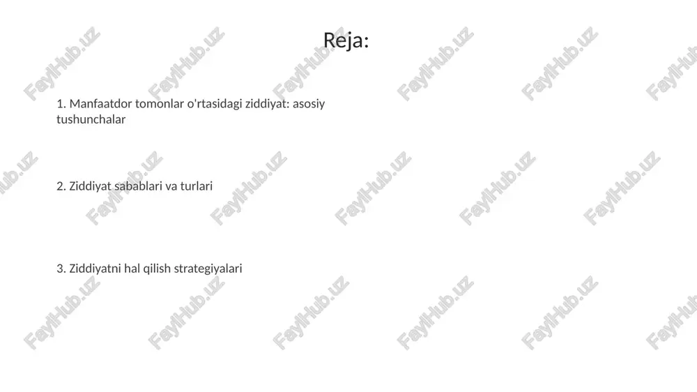 da yuzaga keladi, masalan, guruhlar o'rtasidagi resurslar uchun kurash, bu ziddiyatning 4 asosiy sababi bilan bog'liq bo'lishi mumkin. ziddiyatning oqibatlari va ta'siri ziddiyatlar natijasida 10% dan 30% gacha bo'lgan hollarda samaradorlik pasayishi kuzatiladi, bu esa maqsadlarga erishish vaqtini uzaytiradi va xarajatlarni oshiradi. ziddiyatlar 25% hollarda xodimlarning stress darajasini oshiradi, natijada ishdan ketish ehtimoli 15% ga ko'payadi, bu esa kompaniyaga qo'shimcha xarajatlar olib keladi. ziddiyatlarni hal qilish usullari va strategiyalari muzokaralar strategiyasi, 1-bosqichda manfaatdor tomonlar fikrlarini aniq ifodalashni, 2-bosqichda esa o'zaro manfaatli yechim topishga yo'naltirilgan murosaga erishishni nazarda tutadi. vositalik usuli, neytral uchinchi tomon yordamida, bahsni hal qilish jarayonini osonlashtiradi; tomonlar o'rtasida 3 xil ko'prik vazifasini o'taydi va kelishuvga erishishga yordam beradi. muzokaralar va murosaga kelish murosaga kelish, ziddiyatli vaziyatlarda bir tomonning o'z talablaridan qisman voz kechishi, boshqa tomonning talablari hisobga olinishi orqali 50/50 muvozanatga erishishdir. muzokaralar - bu kamida ikki taraf o'rtasida o'zaro maqbul kelishuvga erishish maqsadida amalga oshiriladigan, 2 …