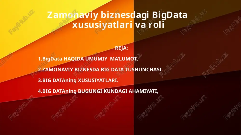 ishlash va ularni raqamli ko'rinishda taqdim etishni o'rganadigan fan. bu atama dunyoga kelgan vaqt 1974-yil hisoblanadi. o'sha yili daniyalik informatik, peter naur "a basic principle of data science" nomli kitobini chop ettirgan. 2010-yillar boshida katta ma'lumotlarni tarqalishi natijasida bu yo'nalish juda foydali va kelajagi bor biznesga aylandi. va o'shandi katta ma'lumotlar bilan ishlaydigan mutaxassislarga talab juda oshib ketdi. 3 10.11.2025 3 business intelligence(biznes-analitika) - aniq strukturaga ega bo'lmagan juda katta hajmdagi ma'lumotlarni qayta ishlash natijasida muqobil biznes yechimlar izlashga aytiladi. effektiv biznes-analitika ichki va tashqi ma'lumotlarni analiz qiladi - ham bozor axborotlarini, ham mijoz-kompaniyaning hisobotlarini hisobga oladi. bu biznesni butunlay tushunishga yordam beradi, shu bilan birga, strategik va operatsion qarorlar qabul qilishga zamin yaratadi(mahsulot narxini aniqlashda, kompaniya rivojlanishining asosiy yo'nalishlarini belgilab olishda). bu atama 1958-yilda ibm taqdiqotchisi xans piter lun maqolasida birinchi bo'lib ko'rsatilgan. 1996-yilda axborot texnologiyalari bozorini o'rganishga asoslangan gartner analitik agentligi business intelligence tarkibiga data mining metodikasini ham …