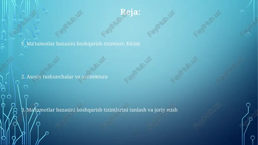 bo'ladi; bu 1960-yillarda ibm ims kabi tizimlarda keng qo'llanilgan. relatsiyaviy dbmslar (rdbms), masalan, mysql, postgresql va oracle, ma'lumotlarni jadval shaklida saqlaydi, bunda har bir jadval o'zaro bog'langan ustunlar va qatorlardan iborat bo'ladi. e'tiboringiz uchun rahmat @taqdimot_robot image1.png image2.png