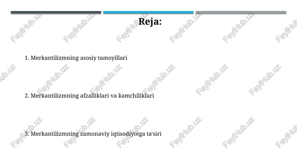 siyosat, jumladan tariflar va subsidiyalarni qo'lladi. merkantilizm davrida davlat o'z koloniyalarini resurslar manbai sifatida boshqardi va metropol uchun xomashyo yetkazib berishni majburiy qildi, ularning o'sishini chekladi. merkantilizmning tarixiy rivojlanishi ilk merkantilizm (16-asr) davlatning oltin va kumush zaxiralarini to'plashga qaratilgan bo'lib, eksportni rag'batlantirish va importni cheklash siyosatini o'z ichiga olgan. rivojlangan merkantilizm (17-asr) savdo balansini yaxshilashga e'tibor qaratdi, koloniyalarni xomashyo manbai va tayyor mahsulot bozori sifatida ishlatish orqali farq qiladi. merkantilizmning iqtisodiy oqibatlari merkantilizm davlat xazinasida oltin va kumush zaxiralarining ko'payishiga olib keldi, bu esa inflyatsiyaga va eksport qobiliyatining pasayishiga sabab bo'ldi, ayniqsa 16-18 asrlarda. import cheklovlari va eksport subsidiyalari ba'zi tarmoqlarni rivojlantirdi, ammo boshqa tarmoqlarga zarar yetkazdi, bu esa iqtisodiy samaradorlikning pasayishiga ham olib keldi. merkantilizmning siyosiy ta'siri merkantilizm davlat hokimiyatini kuchaytirdi, 16-18-asrlarda milliy birlikni mustahkamlab, soliqlarni markazlashtirib, armiyani moliyalashtirishga yordam berdi. merkantilizm protektsionistik siyosatni qo'llab-quvvatladi, bu esa ichki sanoatni himoya qilib, importni chekladi va xalqaro savdo urushlariga olib kelishi …