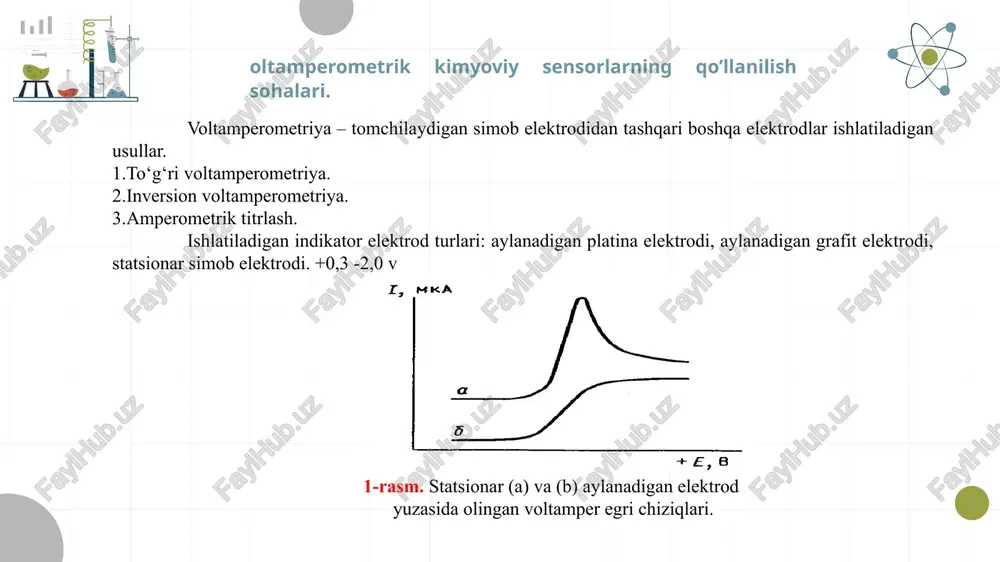 roaktiv modda uchun o‘zining qiymatiga (fon elektroliyining tabiatiga ham bog‘liq bo‘ladigan) ega bo‘ladi va shuning uchun ham uni ochish (sifatiy aniqlash) uchun foydalanilishi mumkin (1 – jadval). yarim to‘lqin potensiali qaytariladigan ionlarning har qanday konsentratsiyasida o‘zgarmas bo‘lib qoladi.lekin metallar kompleks ionlarining yarim to‘lqin potensiallaridan farq qiladi. 1-jadval. ba’zi kationlar uchun yarim to‘lqin potensiallari qiymatlari agar eritmada turlicha e1/2 qiymatlariga ega bo‘lgan bir nechta elektroaktiv moddalar ishtirok etsa, u holda polyarogramma xuddi 2- rasmda ko‘rsatilganidek ko‘rinishga ega bo‘ladi. polyarogrammaning bunday ko‘rinishi ionlarning polyarografik spektri deyiladi. inversion voltampermetriyadan foydalangan holda, barcha sakkizta o'rganilgan shakar namunalarida zn (1,1-2,9 mg / kg) va hg (0,001-0,009 mg / kg), zn esa hg miqdoridan bir marta 300 yoki undan ko'p miqdorda bo'lishi aniqlanadi. o'rganilgan sakkizta shakar namunasining ettitasida qo'rg'oshin (0,1-0,49 mg / kg), mis uchtasida (0,06-0,31 mg / kg) topilgan. o'rganilgan shakar namunalarining hech birida kadmiy topilmagan. shakar namunalarida zn, pb, cu va hg ning miqdori …