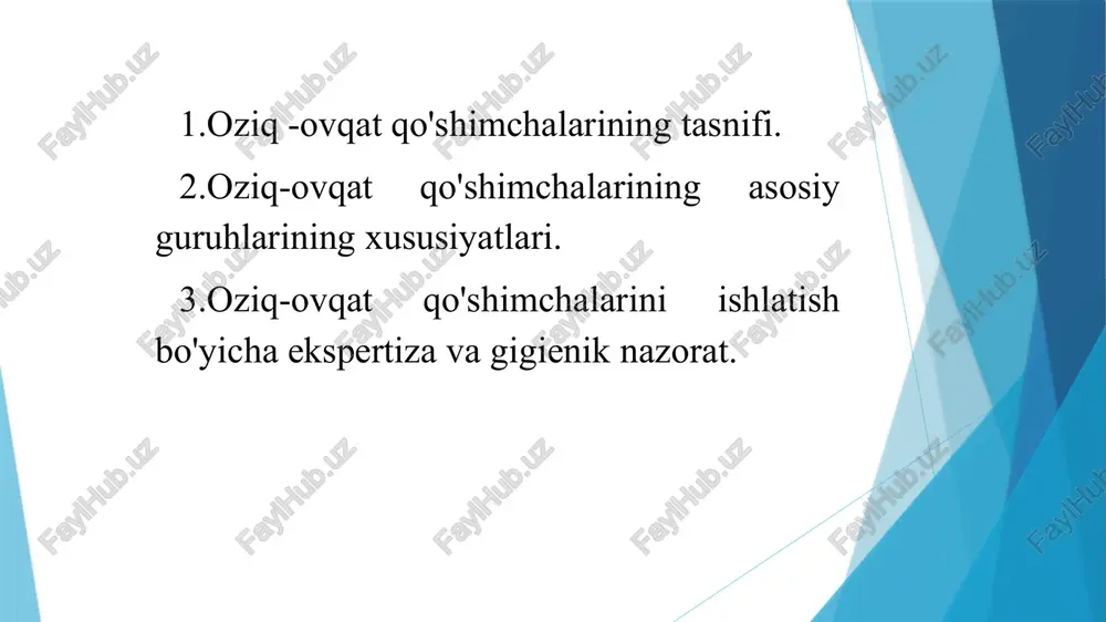 cha - bo'yoqlar; e200 dan e296 gacha - konservantlar; e300 dan e363 gacha - antioksidantlar, antioksidantlar; e400 dan e499 gacha - barqarorligini saqlaydigan stabilizatorlar; e500 dan e575 gacha - emulsifikatorlar va parchalanuvchilar; e600 dan e637 gacha - atirlar va lazzat kuchaytirgichlar; e700 dan e800 gacha - zaxira, zaxira lavozimlari; e900 dan e 999 gacha - ko'pik va tatlandırıcıları kamaytirish uchun mo'ljallangan olovga qarshi vositalar; e1100 dan e1105 gacha - biologik katalizatorlar va fermentlar; e 1400 dan e 1449 gacha - kerakli muvofiqlikni yaratishga yordam beradigan o'zgartirilgan kraxmallar; e 1510 dan e 1520 gacha - erituvchilar respublika hududiga yangi biologik faol qo‘shimchalar chetdan olib kirish hamda ishlab chiqarishga ruxsatnomalarni rasmiylashtirish o‘zbekiston respublikasi vazirlar mahkamasining 2016 yil 30 apreldagi “o‘zbekiston respublikasi sanitariya-epidemiologiya xizmati tizimida ruxsat berish tartib-taomillaridan o‘tish tartibi to‘g‘risidagi nizomlarni tasdiqlash haqida”gi 131-sonli qarori talablariga muvofiq amalga oshiriladi. o‘zbekiston respublikasining 1997 yil 30 avgustdagi «oziq-ovqat mahsulotlarining sifati va xavfsizligi to‘g‘risida»gi 483-i-sonli …