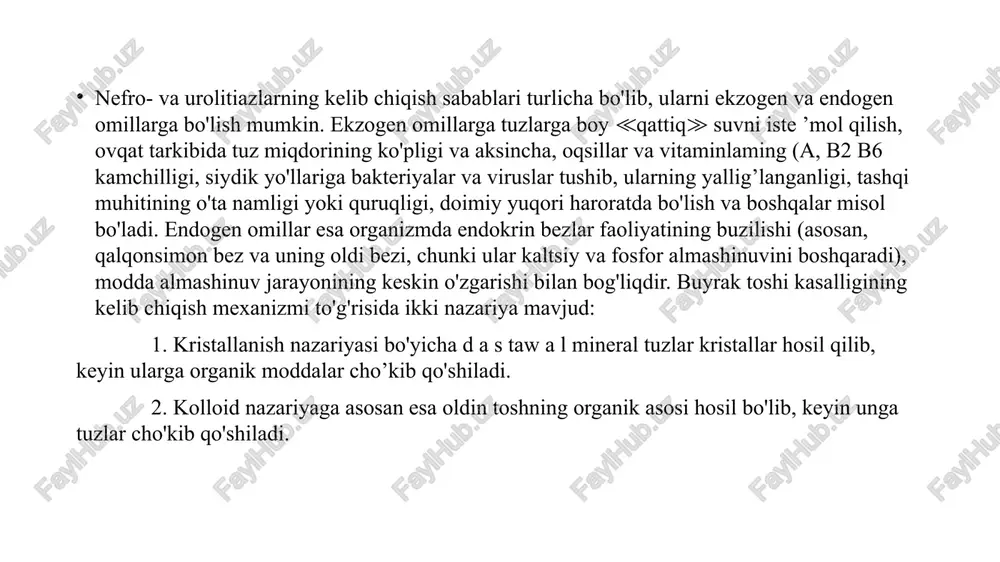 i, boshqa moddalarga yopishib mikrotosh hosil qiladi. toshning o‘sishi va siydik yo‘lida harakatlanishi: tosh asta-sekin kattalashadi va siydik yo‘llarida harakat qilib, og‘riq (ko‘pincha “buyrak kolikasi”) chaqiradi. tosh kasalliklari turlari va sabablari tosh turi sabablari kalsiyli oksalat va kalsiy ortishi, c vitamini ko‘p iste’moli uratli podagra, ko‘p go‘sht, purin moddalari struvitli siydik yo‘llari infeksiyalari (bakteriyalar tufayli) sistinli irsiy metabolik buzilishlar kalsiyli toshlar — buyrak toshlarining eng keng tarqalgan turi ular umumiy toshlarning 70–80% ini tashkil qiladi. kalsiyli toshlar asosan ikki xil shaklda bo‘ladi: kalsiy oksalat toshlari (eng ko‘p uchraydi) kalsiy fosfat toshlari kalsiy oksalat toshi: mexanizmi: siydikda kalsiy va oksalat miqdori ortib ketadi → ular bir-biri bilan bog‘lanib kalsiy oksalat kristallari hosil qiladi. bu kristallar o‘zaro birikib, mikrotosh hosil qiladi → katta toshga aylanadi. asosiy sabablar: giperoksalaturiya (siydikda oksalatning ortib ketishi): – shpenat, rux (revun), shokolad, kofe, kakao, yong‘oqlar — oksalatga boy mahsulotlar – ichak kasalliklari (masalan, kron kasalligi) — oksalat …