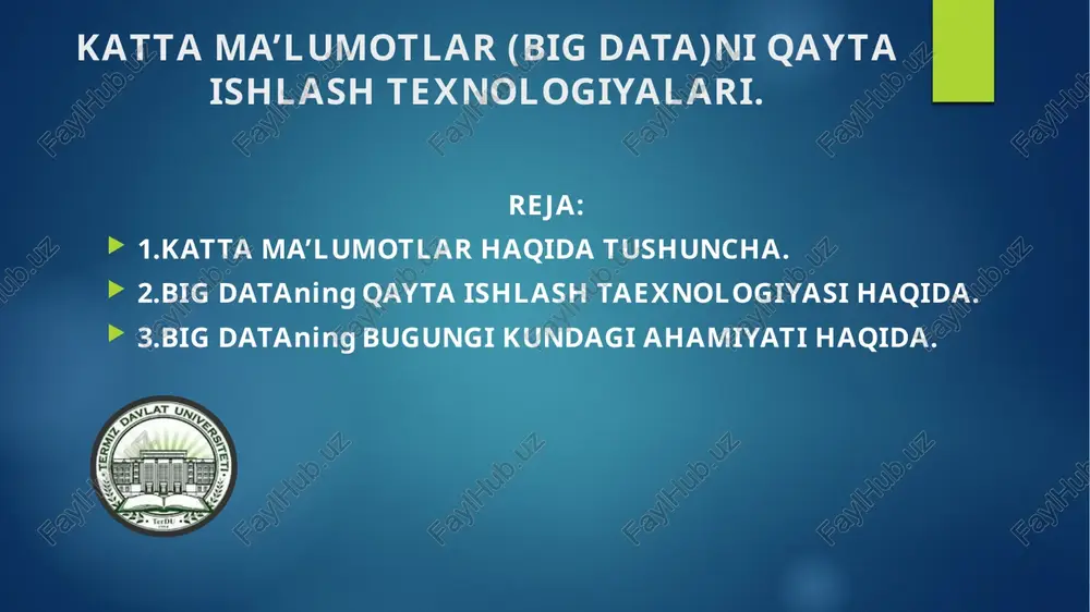 un katta ma'lumotlar texnologiyalarini qo'llaydilar. big data technologies - bu, asosan, an'anaviy ma'lumotlarni qayta ishlash texnologiyalari bilan ishlov berish mumkin bo'lmagan juda murakkab tuzilmalarga ega bo'lgan katta ma'lumotlar to'plamlaridan ma'lumotlarni tahlil qilish, qayta ishlash va olish uchun mo'ljallangan dasturiy ta'minot vositalari sifatida ta'riflanadi. big dataning qayta ishlash taexnologiyasi haqida. katta ma'lumotlar texnologiyalarining paydo bo'lishi an'anaviy ma'lumotlar texnologiyalari (masalan, rdbms, fayl tizimlari va boshqalar) va tez o'sib borayotgan ma'lumotlar va biznes ehtiyojlari o'rtasidagi tafovutni bartaraf eta boshladi. aslini olganda, ushbu texnologiyalar ma'lumotlarni saqlash, tekshirish, qayta qurish, tahlil qilish va baholash uchun ishlatiladigan maxsus ma'lumotlar bazalari, usullari, vositalari va usullarini o'z ichiga oladi. kelajakdagi xavflarni kamaytirishga yordam beradigan xulosalar va bashoratlarga erishish uchun real vaqt rejimidagi bu katta hajmdagi ma'lumotlar big data processing technologies bilan tahlil qilinishi kerak. bunday imkoniyatlar internet davrida tobora muhim ahamiyat kasb etmoqda. big dataning qayta ishlash taexnologiyasi haqida. analitik big data texnologiyalari analitik big data big data …