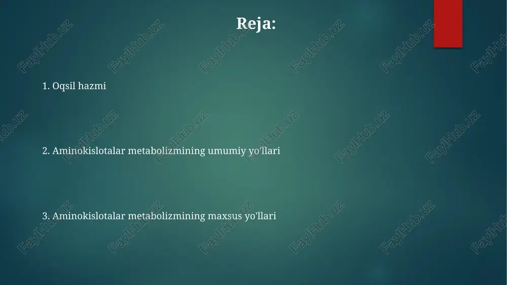 sababli kelib chiqadi. triptofan metabolizmi serotonin (neyrotransmitter), melatonin (uyquni tartibga soluvchi gormon) va nikotinamid (niacin/b3 vitamini) sintezi uchun asos bo'lib xizmat qiladi. e'tiboringiz uchun rahmat @taqdimot_robot image6.png image1.png image2.png image3.png image4.png image5.png