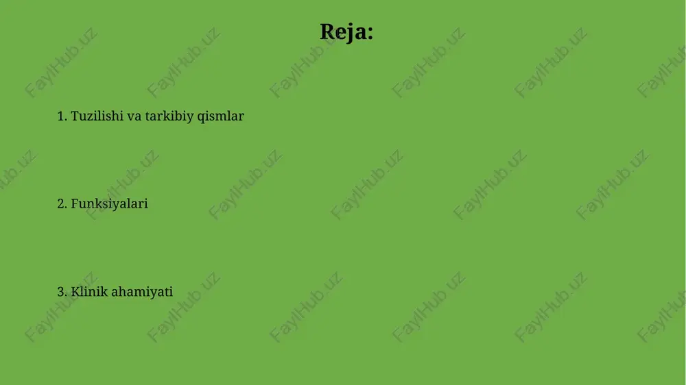 ldin qayta ishlanadi. efferent yo'llarga, masalan, tegmental trakt yadrolari orqali o'tadigan rubrospinal trakt kiradi, bu trakt mushaklarning tonusini va harakatini nazorat qilishda muhim rol o'ynaydi. klinik ahamiyati va buzilishlar midbrain buzilishlariga parkinsonizm sabab bo'lishi mumkin, substantia nigra'dagi dopamin ishlab chiqaruvchi hujayralarning progressiv yo'qolishi natijasida, tremor va harakat qiyinchiliklariga olib keladi. midbrain infarkti, weber sindromi kabi turli xil buzilishlarga olib kelishi mumkin, bu esa uchinchi nervning falajlanishi va qarama-qarshi tomondagi gemiplegiyaga olib keladi. e'tiboringiz uchun rahmat image2.jpg image3.jpg image4.jpg image5.jpg image6.jpg image7.jpg