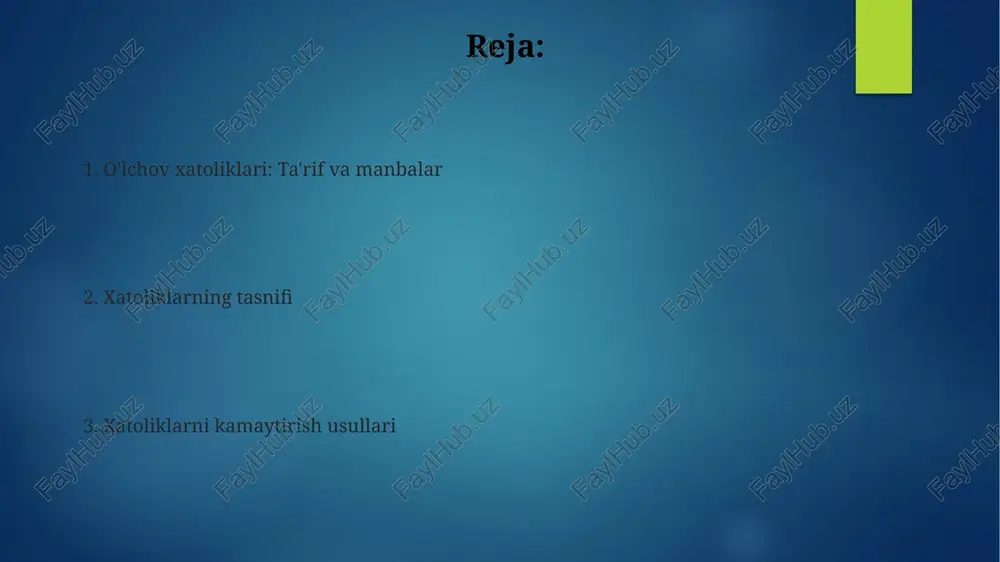 sh va olingan natijalarning o'rtacha qiymatini hisoblash orqali tasodifiy xatoliklarni bartaraf etish mumkin. e'tiboringiz uchun rahmat @taqdimot_robot image6.png image1.png image2.png image3.png image4.png