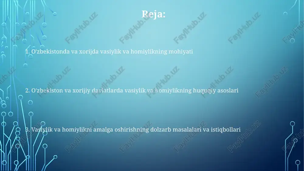 nligini ta'minlash orqali jamiyat barqarorligiga hissa qo'shadi. iqtisodiy nuqtai nazardan, vasiylik va homiylik davlat resurslaridan samarali foydalanishga yordam beradi, chunki bolalar uylariga nisbatan oilaviy muhit arzonroq bo'lishi mumkin. e'tiboringiz uchun rahmat @taqdimot_robot image3.png image1.png image2.png