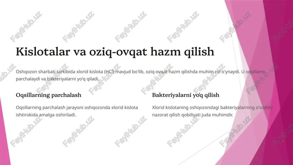 zmning turli xil tizimlarida muvozanatni saqlashda ishtirok etadi. masalan, qonning ph ini, suyaklarning mustahkamligini, oshqozonning faoliyatini va boshqa jarayonlarni boshqaradi. kislota rol xlorid kislotasi (hcl) oshqozon sharbatining tarkibida, oziq-ovqat hazm qilishda ishtirok etadi. fosfat kislotasi (h3po4) suyaklar va tishlarning mustahkamligini ta'minlaydi. sirtka kislotasi (ch3cooh) mushaklarning faoliyatini boshqaradi. 6 kislotalarning tabiiy manbalari kislotalar turli xil oziq-ovqat mahsulotlarida mavjud. mevalar (sitrus mevalari, olma, gilos), sabzavotlar (pomidor, karam, qovoq), go'sht va sut mahsulotlari kislotalarga boy hisoblanadi. sitrus mevalari sitrus mevalari, masalan, apelsin, limon va greyfurt, asosan askorbin kislotasiga (vitamin c) boydir. sut mahsulotlari sut va tvorog tarkibida laktik kislota mavjud bo'lib, suyaklarning mustahkamligini saqlashda yordam beradi. sabzavotlar pomidor, karam va qovoq kabi sabzavotlar organik kislotalarga boydir. 7 kislotalar va sog'liq kislotalarning tanadagi muvozanati sog'liq uchun juda muhimdir. kislotalarning ortiqcha miqdori turli xil kasalliklarga olib kelishi mumkin. oshqozon kislotasi oshqozon kislotasi ortiqcha bo'lsa, gastrit va oshqozon yarasi paydo bo'lishi mumkin. qonning ph i qonning …