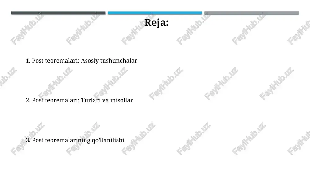 0' < a < 0'' daraja uchun rekursiv sanaluvchi to'plam mavjud bo'lib, bu yerda 0' va 0'' aritmetik ierarxiyaning birinchi va ikkinchi darajalarini anglatadi. m-darajalar va post darajalari m-darajalari, medvedev darajalari sifatida ham tanilgan, hisoblash murakkabligini o'lchash uchun ishlatiladi, ayniqsa ko'p qiymatli hisoblashlarda, bu yerda 1 darajaning qiymati muhimdir. post darajalari, hisoblanuvchan to'plamlar darajalari bo'lib, turyuring darajalari bilan chambarchas bog'liq; ularning tuzilishi hisoblash nazariyasining 0 va 1 qiymatli fundamental tushunchasidir. post muammosi post muammosi 1946-yilda emil post tomonidan kiritilgan hal qilib bo'lmaydigan muammo bo'lib, u turing mashinasi kabi hisoblash modelida hal etib bo'lmaydi. muammo o'z ichiga ikkita so'z ro'yxatini (a va b) solishtirishni oladi; agar a[i] b[i] bilan mos keladigan indekslar ketma-ketligi mavjud bo'lsa, yechim topilgan hisoblanadi. post teoremalarining qo'llanilishi post teoremasi rekursiv toʻplamlarning darajalarini oʻrganishda qoʻllaniladi, xususan, 0' dan keyingi darajalar va ularning arifmetik ierarxiyadagi joylashuvi haqida ma'lumot beradi. teorema turing darajalari nazariyasida muhim rol oʻynaydi, chunki u 0' …