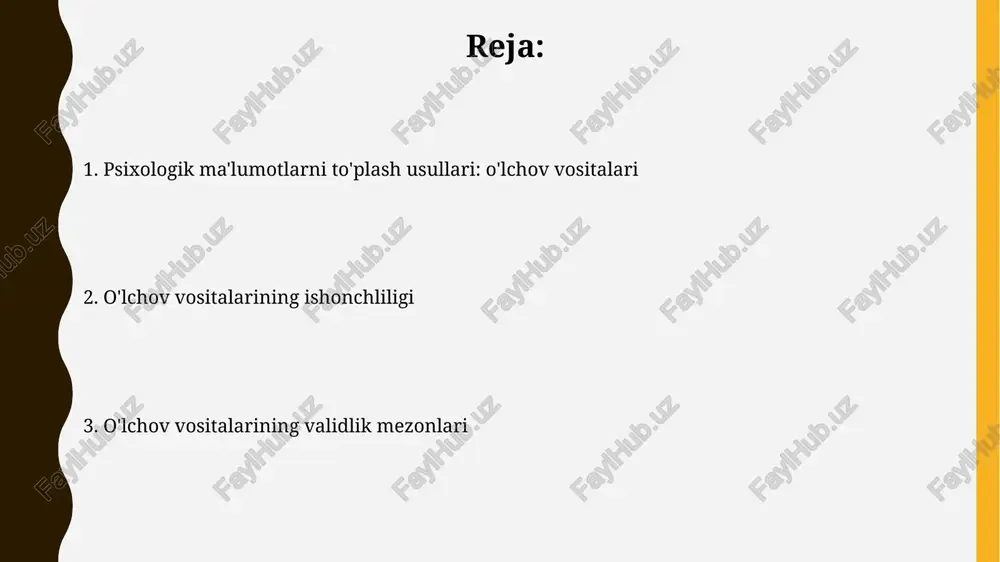 rvyu savollari ochiq (keng javob berishga imkon beradi) yoki yopiq (faqat 1 yoki 2 ta aniq javob berishga imkon beradi) bo'lishi mumkin, bu esa 2 xil ma'lumot beradi. kuzatuv usullari kuzatuv usullari xatti-harakatlarni qayd etish uchun strukturalashgan (masalan, chek-listlar) va strukturalashmagan (hikoyaviy qaydlar) formatlardan foydalanadi, shuningdek 10-dan ortiq xatti-harakat toifalarini aniqlash imkonini beradi. kuzatuvning ishonchliligi kuzatuvchilar o'rtasidagi kelishuv darajasi bilan o'lchanadi, bu esa 80% dan yuqori bo'lishi kerak, ayniqsa kompleks xatti-harakatlarni o'rganishda ahamiyatli. psixofiziologik o'lchovlar psixofiziologik o'lchovlar eeg (elektroensefalografiya) kabi usullarni o'z ichiga oladi, miya to'lqinlarini o'lchab, kognitiv jarayonlar va emotsional holatlarni baholash uchun ishlatiladi. galvanik teri reaksiyasi (gsr) teri o'tkazuvchanligini o'lchaydi, bu esa stress, qo'rquv yoki hayajon kabi emotsional reaktsiyalarni aniqlashda 0.5 dan 5 mikrosimensgacha bo'lgan o'zgarishlarni ko'rsatadi. proyektiv usullar proyektiv usullar, masalan, rorschach testi, shaxsning ichki kechinmalarini noaniq stimuluslar orqali baholaydi, lekin validlik ko'rsatkichlari 0.3 dan past bo'lishi mumkin. tat (tematik appersepsiya testi) kabi proyektiv usullar hikoyalarni tahlil …