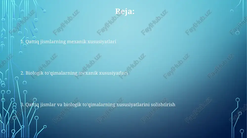 ismlar, masalan, po'lat, biologik to'qimalardan qattiqroq bo'lishi mumkin, masalan, suyak, ammo biologik to'qimalar tiklanish qobiliyatiga ega, po'lat esa yo'q. elastiklik moduli (young moduli) suyak uchun taxminan 10-20 gpa, po'lat uchun esa 200 gpa, bu po'latning suyakdan qattiqroq ekanligini ko'rsatadi. e'tiboringiz uchun rahmat @taqdimot_robot image3.png image1.png image2.png