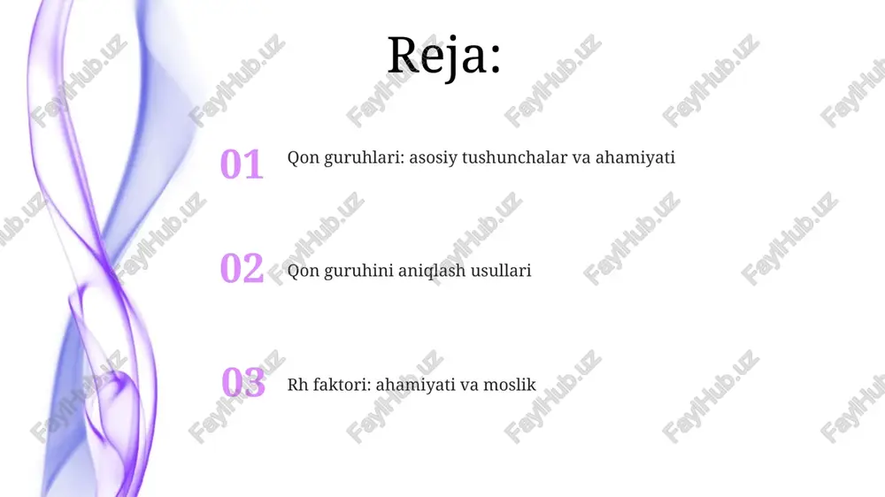itlarida aniqlangan antigunga asoslangan holda tasniflanadi. rh omilining genetikasi va irsiylanishi rh omilligi asosan uchta gen (rhd, rhce va rhag) tomonidan boshqariladi, ularning ichida rhd geni rhd omilining bor-yo'qligini aniqlaydi: rh musbat (rh+) yoki rh manfiy (rh-). rh irsiylanishi autosom-dominant xususiyatga ega, ya'ni rhd genining bitta nusxasi ham rh musbat fenotipni keltirib chiqaradi. agar ikkala ota-ona rh manfiy bo'lsa (rhd/rhd), farzand ham rh manfiy bo'ladi. qon guruhini aniqlash usullari agglutinatsiya reaktsiyasi usuli qon guruhini aniqlashda eritrotsitlardagi a va b antijenlarining mos keluvchi antikorlar bilan o'zaro ta'sirlashuvini kuzatishga asoslangan. bu usul tez va keng tarqalgan. tsayklonlarni qo'llash usuli qon guruhini aniqlashning tezkor variantlaridan biri bo'lib, standart antikorlar o'rniga maxsus ishlab chiqilgan reagentlar (tsayklonlar) ishlatiladi. bu aniqlikni oshiradi. anti-a, anti-b va anti-d antitelalari anti-b antitelalari qizil qon hujayralarining yuzasida b antigenini aniqlash uchun ishlatiladi; agar agglutinatsiya ro'y bersa, bu b yoki ab qon guruhini ko'rsatadi, aniq 2-diagnostika imkoniyatini beradi. anti-a antitelalari a …