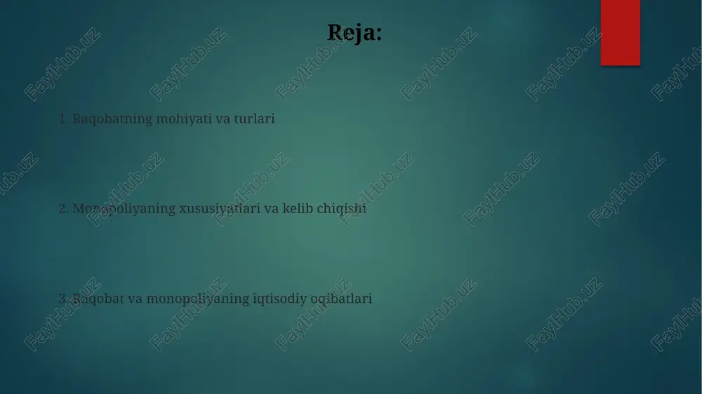 i mualliflik huquqlari bilan himoyalangan, innovatsiyalarni rag'batlantirish uchun 20 yillik eksklyuziv huquq beriladi, bu davrda boshqa kompaniyalar mahsulotni takrorlay olmaydi. raqobat va monopoliyaning afzalliklari va kamchiliklari raqobatda 2-3 xil kompaniya innovatsiyaga intiladi, bu esa mahsulot sifatini oshiradi va narxlarni pasaytiradi, iste'molchilar uchun 10-15% gacha foyda keltirishi mumkin. monopoliyaning afzalligi shundaki, 1 ta kompaniya katta miqyosda ishlab chiqarish orqali xarajatlarni kamaytirishi mumkin, bu esa 5-10% gacha narx tejamkorligiga olib keladi. raqobat va monopoliyaning iqtisodiy oqibatlari raqobat narxlarni pasaytiradi va iste'molchilarga foyda keltiradi; monopoliyada esa narxlar 20-30% ga ko'tarilishi mumkin, bu esa aholining xarid qobiliyatini pasaytiradi. monopoliya innovatsiyalarni susaytiradi, chunki 5-10 yillik daromad kafolatlangan bo'lsa, yangi texnologiyalarni joriy etishga ehtiyoj kamayadi. raqobat esa doimiy takomillashtirishni talab etadi. davlatning raqobat va monopoliyaga aralashuvi davlat antimonopol qonunchiligi orqali monopoliyalarni tartibga soladi, ularning narx belgilash, ishlab chiqarish hajmi va bozorga kirishiga ta'sir o'tkazish kabi suiiste'mol xatti-harakatlariga yo'l qo'ymaydi. tabiiy monopoliyalarda, masalan, kommunal xizmatlarda, davlat narxlarni …