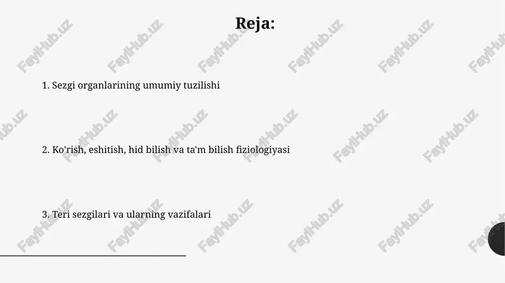 r ishtirok etadi. eshitish: umumiy tuzilishi va funksiyasi teri, umumiy tuzilishida uch qatlamdan iborat: epidermis, dermis va gipoderma, ular himoya, haroratni tartibga solish va sezgi vazifalarini bajaradi. teri fiziologiyasi ter bezlari orqali terlash orqali tana haroratini nazorat qilishni o'z ichiga oladi, bu esa termoregulyatsiyada muhim ahamiyatga ega. quloqning anatomiyasi quloq uchta asosiy qismdan iborat: tashqi quloq, o'rta quloq va ichki quloq, ularning har biri eshitish jarayonida o'ziga xos vazifalarni bajaradi. o'rta quloqda malleus, inkus va stapes deb nomlanuvchi uchta kichik suyagi mavjud bo'lib, ular ovoz tebranishlarini ichki quloqqa kuchaytiradi va uzatadi. eshitish fiziologiyasi: tovushni qabul qilish tovushni qabul qilishda tashqi quloq tovush to‘lqinlarini tutib, quloq suprasi orqali eshituv yo‘liga yo‘naltiradi, bu esa tovushni kuchaytiradi. o‘rta quloq uchta kichik suyakcha (bolg‘acha, sandon, uzangi) orqali tovush vibratsiyalarini ichki quloqqa uzatadi va tovushni taxminan 20 marta kuchaytiradi. hid bilish: umumiy tuzilishi va funksiyasi teri sezgisi, termoretseptorlar orqali haroratni aniqlaydi: sovuq reseptorlari 10-40°c oralig'ida, …