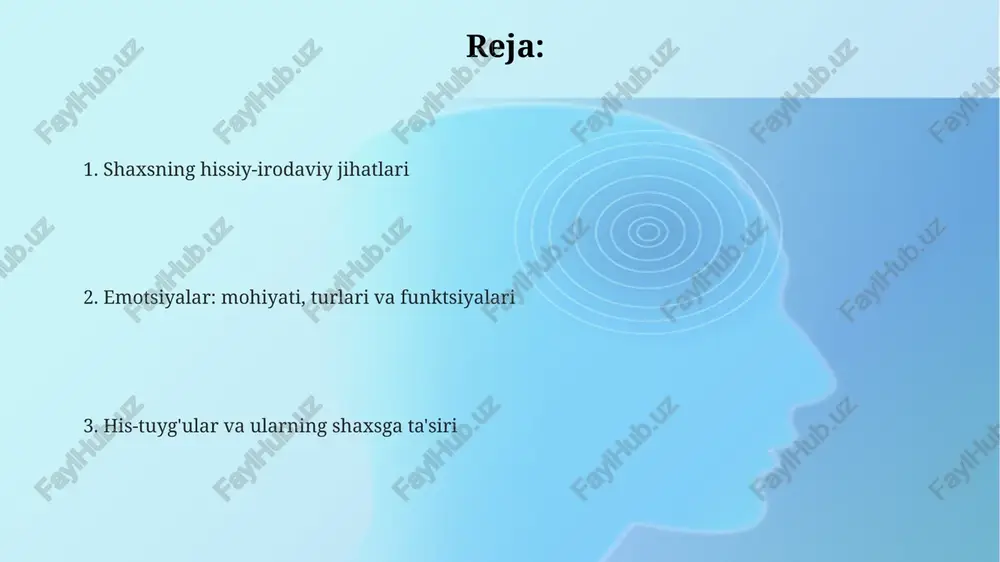 dir. hissiyotlar tuyg'ularning ijtimoiy va madaniy jihatdan murakkablashgan shakli bo'lib, ko'pincha aniq ob'ektga yo'naltirilgan va 30 dan ortiq xilma-xil turlarga ega bo'lishi mumkin. e'tiboringiz uchun rahmat @taqdimot_robot image2.png image1.png