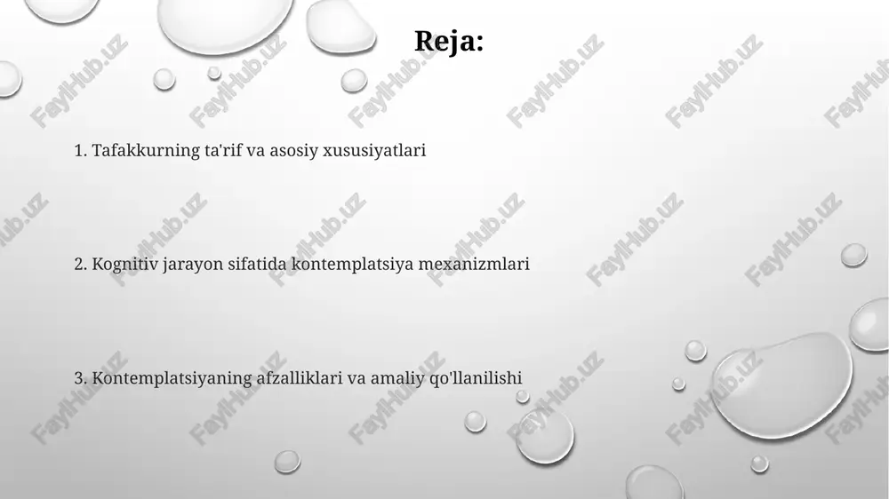 ash qobiliyatini 25% ga oshiradi. kontemplatsiya ijodkorlikni rivojlantiradi; muammolarni hal qilishning yangi usullarini topishga yordam beradi, kognitiv moslashuvchanlikni taxminan 30% ga oshiradi. e'tiboringiz uchun rahmat @taqdimot_robot image3.png image1.png image2.png