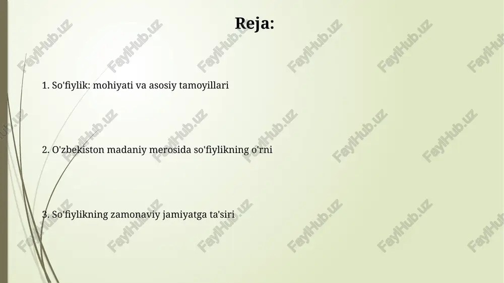 id munosabatlarida uzluksizlikni ta'minlab, barakani avloddan avlodga yetkazishga intiladi. ko'pgina so'fiylik tariqatlarida zikrning 3 xil usuli mavjud: ovozli (jahriy), ichki (xufiy) va qalbiy zikr, har biri muridning ruhiy holatiga moslashtiriladi. so'fiylik adabiyoti va uning ahamiyati so‘fiylik adabiyoti 9-10-asrlarda shakllana boshladi va insonning xudo bilan bo‘lgan ma'naviy aloqalarini ifodalovchi she'riy va nasriy asarlarni o'z ichiga oladi. so‘fiylik adabiyotida 'ishq' tushunchasi muhim o‘rin tutadi, u nafaqat ilohiy sevgini, balki insonning ma'naviy kamolotga erishish yo‘lidagi intilishlarini ham anglatadi. so'fiylik musiqasi va raqslari so'fiylik musiqasi, 13-asrda jaloliddin rumiy asos solgan 'samo' marosimida katta ahamiyatga ega bo'lib, unda raqs ilohiy birlikka erishish vositasi hisoblanadi. naqshbandiya tariqati zikri jahar usulida, ya'ni ochiq ovozda bajariladigan musiqiy namunalardan foydalanadi, bunda 'zikr' 99 ismli allohni yodga olish amali hisoblanadi. so'fiylikning me'morchilikka ta'siri so'fiylik falsafasi me'morchilikka ta'sir qilib, oddiylik va funksionallikni ustun qo'ygan, hashamatdan voz kechib, insonning ichki olamiga e'tiborni kuchaytirgan, namozgohlarda aks etgan. murakkab geometrik naqshlar, ayniqsa 8 va …