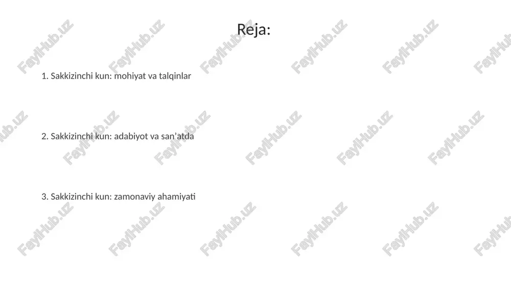 osi haqida 4.0 seriyali savollarni o'rtaga tashlaydi. «sakkizinchi kun» tushunchasi san’atda yangi media va texnologiyalar orqali insoniyatning kelajakdagi imkoniyatlari 2.0 va transformatsiyalari masalalarini o'rganishga qaratilgan. e'tiboringiz uchun rahmat @taqdimot_robot image3.png image1.jpeg image2.jpeg