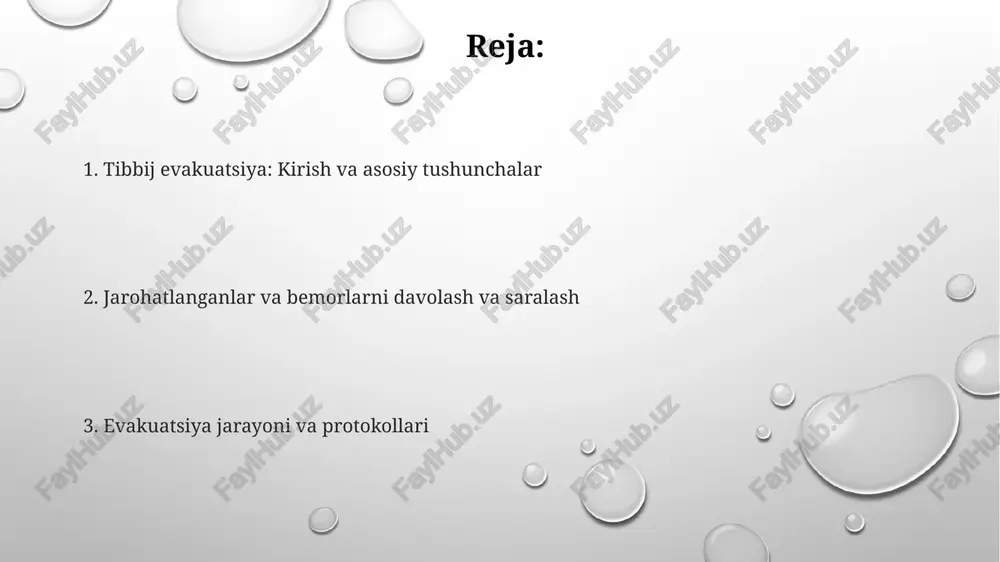 biy yordamga muhtojlar birinchi o'ringa qo'yiladi. tibbiy evakuatsiya bosqichlari tibbiy evakuatsiya bosqichlari birinchi yordam ko‘rsatishdan boshlanadi. unda jarohatlanganlarning hayotiga xavf soluvchi omillar bartaraf etilib, keyingi bosqichga tayyorlanadi. ikkinchi bosqich shifoxonalarda amalga oshiriladi. unda jarohatlanganlarga malakali tibbiy yordam ko‘rsatiladi va ularning ahvoli barqarorlashtiriladi, keyingi evakuatsiya uchun tayyorlash ishlari olib boriladi. uchinchi bosqich ixtisoslashtirilgan shifoxonalarga evakuatsiya qilishdir. unda jarohatlanganlarga yuqori texnologiyali tibbiy yordam ko‘rsatilib, to‘liq reabilitatsiya o‘tkaziladi. evakuatsiya usullari va transport vositalari ambulator transport vositalari 50 km gacha bo'lgan yaqin masofalarga mos keladi, lekin 4x4 transport vositalari yomon yo'llarda yoki ofat hududlarida 20-30 km masofaga yetib boradi. vertolyotlar va samolyotlar tezkor evakuatsiya uchun ishlatiladi, ayniqsa 100 km dan ortiq masofalarga, tibbiy xodimlarni tezda yetkazib, bemorlarga yordam ko'rsatish imkonini beradi. dengiz transporti, masalan, qayiqlari va kemalar, qirg'oqbo'yi hududlarida yoki suv toshqinlarida evakuatsiya qilish uchun ishlatiladi va 5-15 kishini tashishga mo'ljallangan. asosiy tibbiy yordam ko'rsatish protokollari jarohatlanganlarga yordam berishda shikastlanish joyini immobilizatsiya qilish, og'riqni …