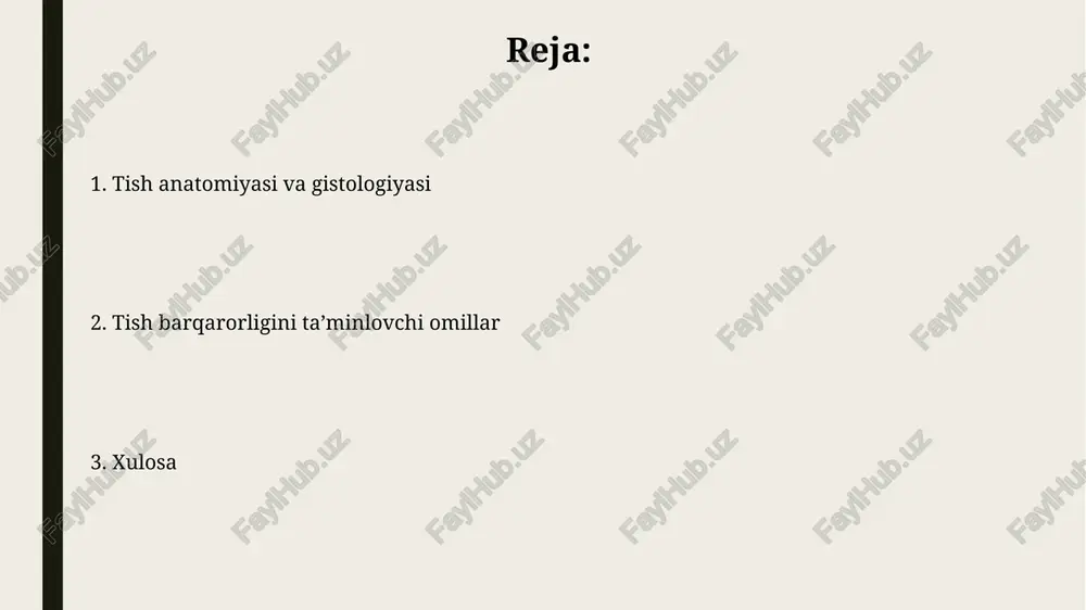 m ahamiyatga ega. pulpa asosan biriktiruvchi to'qimadan tashkil topgan bo'lib, unda qon tomirlari va nerv tolalari mavjud. bu tuzilma tishni oziqlantiradi va sezuvchanlikni ta'minlaydi, og'riqni his qilishga yordam beradi. sement: tuzilishi va roli sementning asosiy tuzilishi mineralizatsiyalashgan matritsadan iborat bo'lib, 45-50% noorganik (gidroksiapatit), 50-55% organik moddalar (kollagen i turi) va suvdan tashkil topgan. sementning muhim roli periodont ligamentining kollagen tolalarini tish ildiziga biriktirishdan iboratdir, bu tishni alveolyar suyakka mahkam bog'lab turadi va chaynash yuklamasini taqsimlaydi. periodontal ligament: tuzilishi va funksiyalari periodontal ligamentning asosiy tuzilishi fibroblastlar, kollagen tolalar (1- va 3-tip) va elastin tolalardan iborat bo'lib, tish alveolasi va sement o'rtasida joylashgan. ushbu ligamentning asosiy funksiyalaridan biri bu tishga keladigan kuchlarni (masalan, chaynashda 0,5-3 mpa) alveolyar suyakka tarqatish orqali uni zarardan himoya qilishdir. tish barqarorligini ta'minlovchi omillar periodontal boylami, kollagen tolalar va fibroblastlar orqali tishni alveolyar suyakka mustahkam bog'lab, fiziologik harakatlanishni ta'minlaydi va kuchlarni tarqatadi. alveolyar suyakning zichligi va tuzilishi, kortikal …