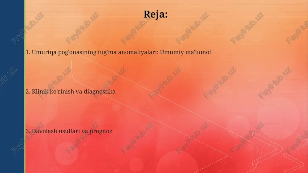 'z ichiga oladi, ayniqsa cobb burchagi 25-40 daraja bo'lgan bolalarda, umurtqa pog'onasining eğilishini kamaytirishga qaratilgan. jarrohlik davo umurtqa pog'onasi birikmasini o'z ichiga oladi, u yerda metall asboblar bilan qo'llab-quvvatlanadigan suyak transplantatlari umurtqalarni birlashtiradi, 45 darajadan yuqori eğilishlarni tuzatadi. e'tiboringiz uchun rahmat @taqdimot_robot image4.png image1.png image2.png