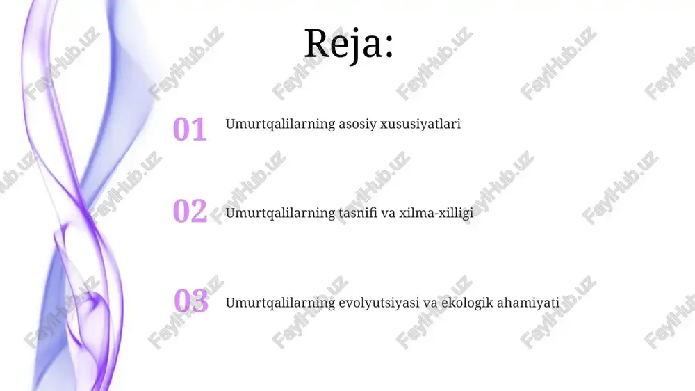 dastlabki notochordli organizmlardan jag'siz baliqlarga qadar rivojlanish bilan xarakterlanadi. u pozvonochnix, xususan, sutemizuvchilar, qishloq xo'jaligi va oziq-ovqat manbalari uchun muhimdir, shuningdek, ekotizimlarni muvozanatlashda, masalan, yirtqichlik va tarqalishda muhim rol o'ynaydi. e'tiboringiz uchun rahmat @taqdimot_robot image4.png image1.jpeg image2.jpeg image3.jpeg