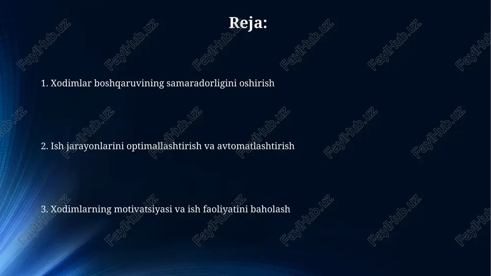 larning professional o'sishiga yordam beradi, 80/20 qoidasiga muvofiq muhim vazifalarga e'tiborni qaratish imkonini beradi va ish yukini samarali taqsimlashni ta'minlaydi. vazifalarni taqsimlashda xodimlarning ko'nikmalari va qobiliyatlarini hisobga olish zarur, bu esa vazifalarning 95 foizga bajarilish sifatini oshiradi va xatolarni kamaytiradi. xodimlarni rag'batlantirish va tan olish xodimlarni rag'batlantirish maqsadida 360 gradusli baholash tizimi orqali erishilgan yutuqlarni tan olish, shaxsiy rivojlanish rejasini tuzishga ko'maklashishi mumkin. norasmiy tan olish dasturlari, masalan, 'oyning eng yaxshi xodimi' unvoni, jamoaviy ruhni oshirib, xodimlarning ishga bo'lgan motivatsiyasini 15 foizga ko'tarishi mumkin. texnologiyalardan foydalanish texnologiyalardan foydalanish 30% ga samaradorlikni oshirishga yordam beradi, masalan, loyihalarni boshqarish uchun dasturlar, resurslarni optimallashtirish va vazifalarni avtomatlashtirish orqali. bulutli texnologiyalar va mobil ilovalar xodimlarga 24/7 rejimida ishlash imkonini beradi, bu esa javob berish vaqtini qisqartiradi va umumiy mahsuldorlikni taxminan 15% ga oshiradi. malaka oshirish va o'qitish xodimlarning malakasini oshirish, kompaniyaning 20% unumdorligini oshirish uchun uzluksiz ta'lim dasturlarini tashkil etishni o'z ichiga oladi. o'qitish, …