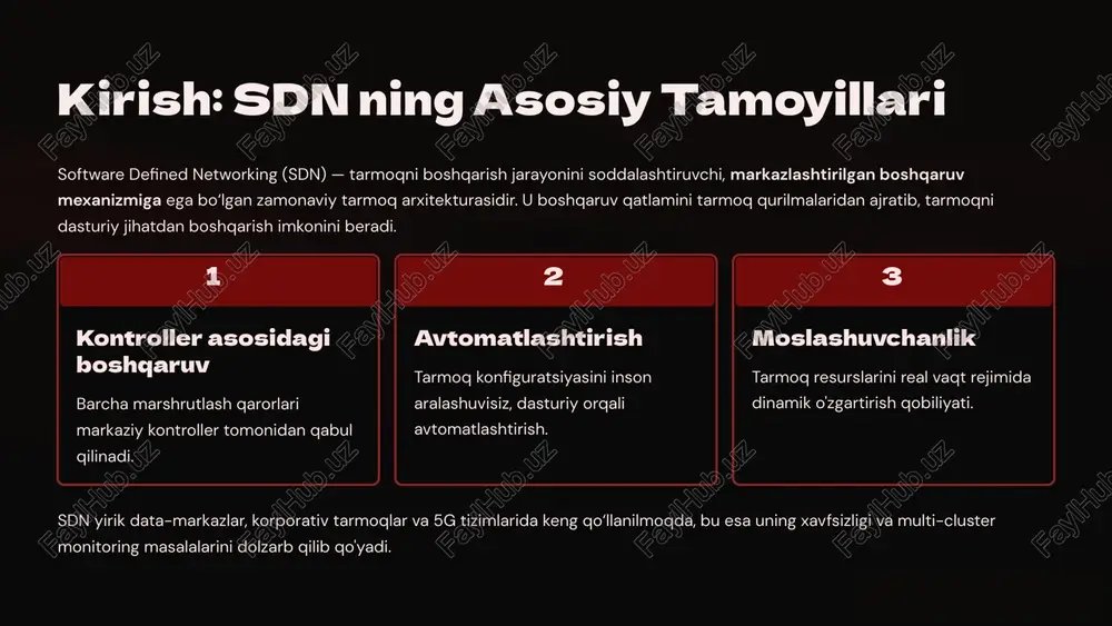 htimolini oshiradi. noto‘g‘ri siyosat konfiguratsiyasi noto‘g‘ri o'rnatilgan flow-qoidalar (masalan, kirish nazorati ro'yxatlari) xavfsizlik devorini chetlab o‘tishga imkon berishi mumkin. ilovalar qatlamidagi xatolar buzg‘unchi yoki nosoz ilovalar (network apps) kontroller orqali to‘liq tarmoq boshqaruvini qo‘lga kiritishi mumkin. 4 xavfsizlikni ta’minlash strategiyalari sdn xavfsizligini mustahkamlash uchun ko'p qatlamli himoya mexanizmlari qo‘llaniladi, zero-trust yondashuvi eng samarali hisoblanadi. kontroller himoyasi kontroller klasterlash, kuchli autentifikatsiya va avtorizatsiya. ssl/tls, multi-controller redundancy kanal himoyasi kontroller va switchlar orasidagi boshqaruv kanalini shifrlash. tls via openflow tarmoqni segmentlash muhim ilovalar va oqimlarni mantiqiy ajratish orqali hujum maydonini qisqartirish. vlan, vxlan, micro-segmentation anomaliyani aniqlash trafik xatti-harakatini tahlil qilish va ddos hujumlarini erta aniqlash. ml asosidagi nids/nips tizimlari 5 multi-cluster sdn tarmoqlariga o’tish katta ko‘lamli infratuzilmalar (global bulutlar, yirik data-markazlar) uchun bitta markaziy kontroller yetarli bo'lmaydi. shu sababli, sdn bir nechta cluster ko‘rinishida tashkil etiladi. multi-cluster tushunchasi har bir cluster o‘zining lokal kontrolleriga ega bo‘ladi. ular yuqori darajadagi global orkestrator orqali …