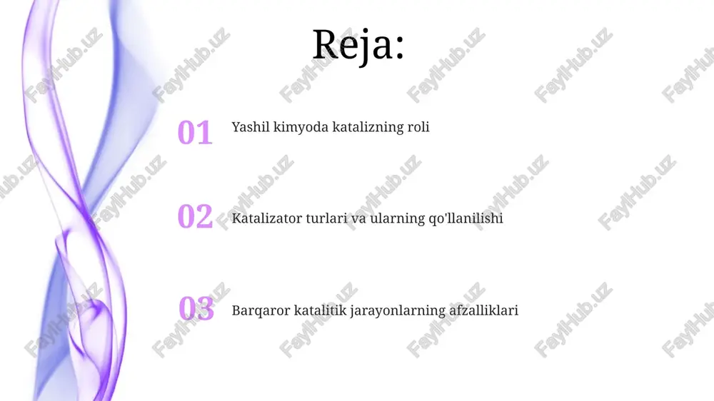 l fazada bo'lmaydi, masalan, qattiq katalizatorlar suyuq reaksiyada ishlatilishi mumkin, bu mahsulotlarni ajratishni osonlashtiradi. enzim katalizi (biokataliz) ferment katalizi atrof-muhitga zararli organik erituvchilar o'rniga suvda amalga oshishi mumkin, bu esa 90% gacha chiqindilarni kamaytirishga olib keladi. biokataliz ko'pincha yuqori stereoselektivlikni namoyon etadi, chiral markazlarni aniq nazorat qiladi va odatda 100% enantiomerik ortiqchalikka erishadi. faza almashinuv katalizi faza almashinuv katalizi odatda geterogen reaksiyalarda qo'llaniladi, bu erda reaktivlar turli fazalarda mavjud, masalan, suvli va organik, reaktsiya tezligini oshirish uchun 10-50% gacha. faza almashinuv katalizatorlari, odatda, to'rtlamchi ammoniy tuzlari (masalan, tbab) yoki crown efirlari bo'lib, ular ionlarni bir fazadan ikkinchisiga ko'chirishda yordam beradi va 2-5 atom o'tkazish imkoniyatini beradi. nanokataliz ushbu soha atrof-muhitga ta'sirni kamaytirishga qaratilgan, nozik kimyo, farmatsevtika va energiya ishlab chiqarish kabi sohalarda qo'llaniladigan barqaror kimyoviy jarayonlarni loyihalash va yaratish bilan bog'liq. nanokataliz reaksiyalar tezligini oshirish uchun o'lchami 1 dan 100 nanometrgacha bo'lgan nanomateriallardan foydalanadi, bu esa yuqori sirt maydoni tufayli …