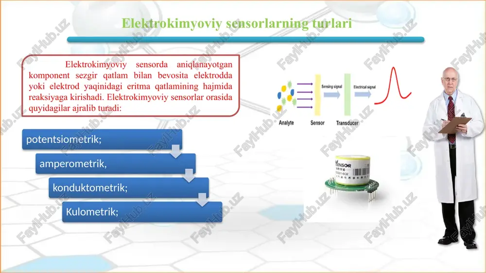 qaror, kam eruvchan va mexanik jihatdan mustahkam bo'lishi kerak. geterogen elektrodlar uchun membrana tayyorlashda unga zaruriy mexanik mustahkamlik beradigan mayda dispers kristallar va befarq bog'lovchi materiallar ishlatiladi. qattiq membranali elektrodlarning sxematik tuzilishi 1- chizmada keltirilgan. ichki taqqoslash yarim elementi bo'lmagan elektrodga (21.3- chizma, b) harorat va bosim ta'sir etmaydi, ichki eritma va qattiq yuza orasida chegara bo'lmaganligi tufayli u ancha barqaror ishlaydi. ichki taqqoslash yarim elementi boʻlgan elektrodga (21.3-chizma, a) harorat va bosim ta'sir etadi, shuning uchun u beqaror boʻladi. membranali elektrodlarning funksiyasi uning potensialini belgilovchi asosiy ionga nisbatan qaytar ekanligini ifodalaydi. turli omillarga bog'liq bo'lgan holda bu funksiya aniqlanadigan moddaning muayyan konsentratsiyalari orasidagina haqlidir. masalan, ftorid selektiv laf, membranali elektrodning darajalash chizig'i 21.4-chizmada keltirilgan. elektrodning ftorid funksiyasi taxminan ftoridning to'yingan eritmasidan to 10-6 mol/l konsentratsiyasigacha saqlanadi. ph sezgir datchiklar. shisha elektrod suvdagi va suvsiz tizimlarda ph ni o‘lchash uchun qo‘llaniladigan shisha elektrod prinsip jihatdan membranali elektrodlarga kiradi. ag│agcl(qattiq), cl- …