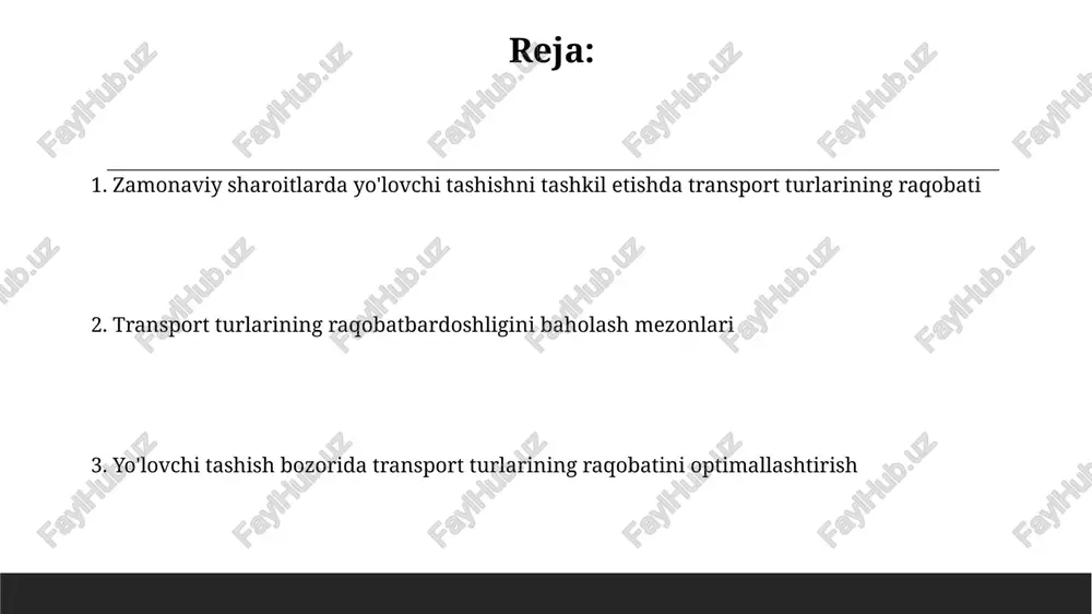 ayniqsa, uzoq masofalarga sayohat qilganda byudjetga sezgir segmentlar uchun. tezlik omili, ayniqsa biznes sayohatchilari uchun muhim, bunda 30 daqiqadan 1 soatgacha vaqt tejash mahsuldorlikni oshiradi va transport vositasini tanlashda hal qiluvchi rol o'ynaydi. temir yo'l transporti: afzalliklari va kamchiliklari temir yo'l transporti katta hajmdagi yuk va yo'lovchilarni tashishda samarali, ayniqsa 500 km dan ortiq masofalarda, bunda tejamkorlik va vaqt jihatidan afzalliklarga ega. temir yo'llar yuqori xavfsizlik darajasini ta'minlaydi, avtotransportga nisbatan avariya xavfi sezilarli darajada past, bu esa yo'lovchilar uchun muhim afzallik hisoblanadi. avtomobil transporti: moslashuvchanlik va qulaylik avtomobil transporti 1-dan 4-gacha bo'lgan yo'lovchilarni to'g'ridan-to'g'ri manzilga eltib qo'yish moslashuvchanligini ta'minlaydi, bu esa avtobus yoki poyezdlarda mumkin emas. shaxsiy avtomobillar 24/7 rejimida xizmat ko'rsatadi, yo'lovchilarga o'z vaqtida sayohat qilish imkoniyatini beradi, jamoat transporti esa qat'iy jadvalga amal qiladi. havo transporti: tezlik va qamrov havo transporti yuqori tezlikni ta'minlaydi, masalan, reaktiv samolyotlar 900 km/soat tezlikka erishadi, bu esa uzoq masofalarni qisqa vaqt ichida …