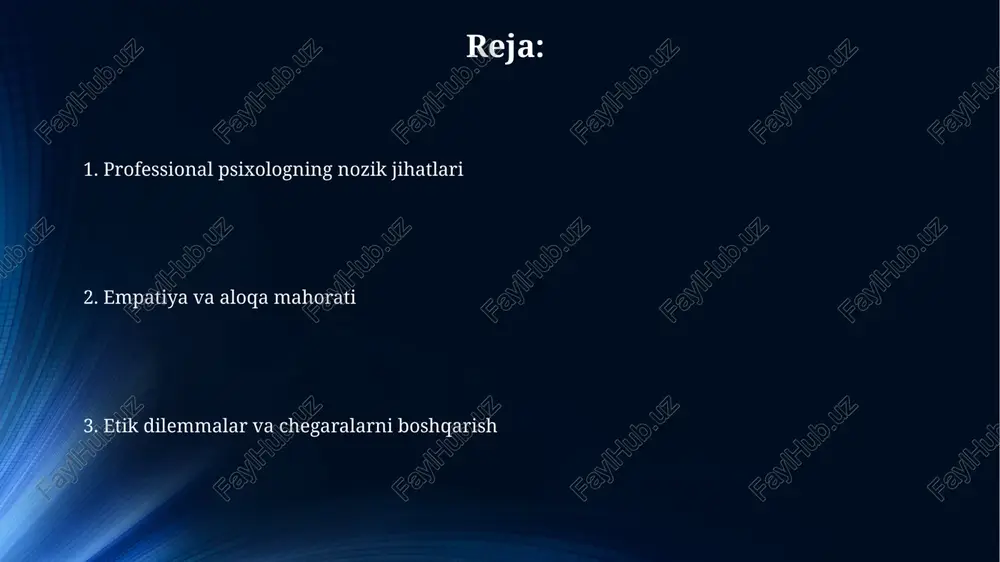 fiylikning ahamiyati mijozning shaxsiy ma'lumotlari, 98% hollarda, qonuniy majburiyatlar yoki mijozning roziligisiz oshkor etilmaydi, bu etik kodeksning fundamental qoidasidir. maxfiylik 75%dan ortiq hollarda ishonchli terapevtik munosabatlarni shakllantirishga yordam beradi, mijozning o'zini erkin his qilishiga imkon beradi. madaniy sezgirlik va hurmat madaniy sezgirlik, mijozning 1-tilini tushunishdan tashqari, uning madaniy kelib chiqishi va shaxsiy e'tiqodlariga chuqur hurmatni o'z ichiga oladi. professional psixologlar, har bir mijozning madaniy konteksti uning ruhiy salomatligiga qanday ta'sir qilishini tushunish uchun 5-bosqichli madaniy kompetensiya modelini qo'llaydilar. doimiy o'rganish va o'sish professional psixologlar har yili kamida 20 soat malaka oshirish kurslarida qatnashishi, sohadagi yangi tadqiqotlar va davolash usullarini o'rganishi muhimdir. doimiy o'rganish jarayonida psixologlar turli seminarlar, konferensiyalar, vebinarlarda ishtirok etib, o'z bilimlarini 360 daraja atroflicha kengaytirishlari lozim. o'z-o'zini anglash va g'amxo'rlik o'z-o'zini anglash 70% sezgi va 30% tahlildan iborat bo'lib, shaxsning o'z motivatsiyalari va hissiyotlarini chuqur tushunishni o'z ichiga oladi. o'ziga g'amxo'rlik, 8 soatlik uyqu va 30 daqiqa meditatsiyani …