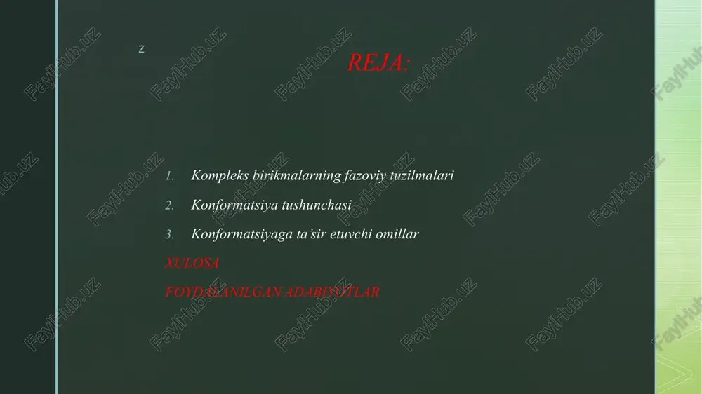 slarda (ayniqsa bidentat ligandlarda) uchraydi. δ — o‘ng qo‘l spiral shakl; λ — chap qo‘l spiral shakl. masalan: [co(en)₃]³⁺ (bu yerda en – etilendiamin). z konformatsiyaga ta’sir etuvchi omillar ligandlarning hajmi va shakli – katta ligandlar joylashishda sterik to‘siqlar keltirib chiqaradi. metall ionning elektron konfiguratsiyasi – d-orbitalar to‘lish darajasi kompleks shaklini belgilaydi. chelat hosil qiluvchi ligandlar – ular ma’lum konformatsiyani barqarorlashtiradi. erituvchi muhit va temperatura – bu omillar konformatsiyalar o‘rtasidagi muvozanatni o‘zgartiradi. z konformatsiyalarning ahamiyati kimyoviy reaktivlikni belgilaydi (masalan, cis-[pt(nh₃)₂cl₂] saraton davosida ishlatiladi). optik faollik va biologik ta’sir konformatsiyaga bog‘liq. kristall tuzilma va barqarorlikni aniqlaydi. z asosiy fazoviy shakllar (geometrik konformatsiyalar) koordinatsion son fazoviy shakl misol 2 chiziqli [ag(nh₃)₂]⁺ 4 tetraedrik [zncl₄]²⁻ 4 kvadrat-planar [pt(nh₃)₂cl₂] 6 oktaedrik [co(nh₃)₆]³⁺ z oktaedrik komplekslarda konformatsiyalar oktaedrik komplekslar konformatsiya jihatidan eng ko‘p turlicha shakllarga ega: cis- va trans-konformatsiya (geometrik izomeriya) cis: bir xil ligandlar bir-biriga yaqin joylashgan. trans: bir xil ligandlar qarama-qarshi joylashgan. masalan: …