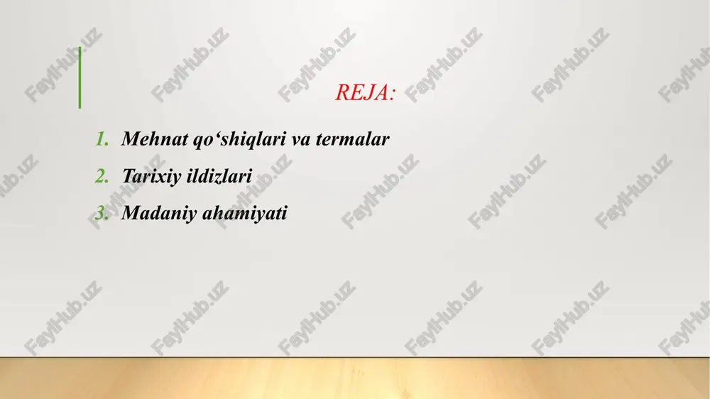 rli: oddiy xalq tili, takroriy so‘z va jumlalar. tug‘ilgan joy va faoliyatga bog‘liq: turli hududlarda o‘ziga xoslik bilan kuylanadi. ma’naviy va madaniy ahamiyati: mehnat qo‘shiqlari xalqning turmush tarzini, qadriyatlarini va mehnat madaniyatini aks ettiradi. ular ish jarayonini ko‘ngilochar qilish bilan birga, jamiyatda hamjihatlikni oshiradi. termalar orqali avlodlar o‘rtasida tajriba va bilim uzatiladi. misol:dehqonlar terim paytida aytadigan qo‘shiqlar: “olmalar qizil, maydonlar toza, qo‘lim bilan yig‘ib olaman hosilni” quruvchilar termalari: ish harakatini muvofiqlashtirish uchun ritmik takroriy iboralar ishlatiladi. lirik qo‘shiqlar ta’rif va mohiyati:lirik qo‘shiqlar — bu insonning ichki ruhiy olami, his-tuyg‘ulari, shaxsiy tajribasi va tabiat bilan bog‘liqligini ifodalovchi qo‘shiqlardir. ular mehnat bilan bog‘liq bo‘lmagan, balki shaxsiy yoki umumiy hissiy kechinmalarga xizmat qiladi. lirik qo‘shiqlarda insonning muhabbat, sog‘inch, baxt, tabiat go‘zalligi, hayotiy voqealarga bo‘lgan munosabati asosiy mavzudir. xususiyatlari: shaxsiy tajribaga asoslangan: kuylovchi o‘z his-tuyg‘ularini ifodalaydi. estetik va hissiy ta’sir kuchli: tinglovchi ruhiy uyg‘unlikni his qiladi. matni poetik va ritmik: ko‘pincha she’r shaklida bo‘ladi. …