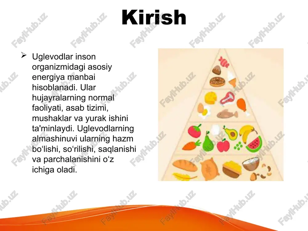 ashkil etadi. murakkab va tabiiy uglevodlarni tanlash, shakarni cheklash sog‘lom metabolizm uchun muhim. xulosa uglevodlar organizm uchun zarur energiya manbai bo‘lib, ularning almashinuvi hayotiy jarayonlarni ta’minlaydi. to‘g‘ri ovqatlanish va jismoniy faollik orqali uglevodlar balansini saqlash sog‘lom hayotning garovidir. image1.jpeg image3.jpeg image4.jpeg image5.jpeg image6.jpeg image2.jpeg /docprops/thumbnail.jpeg