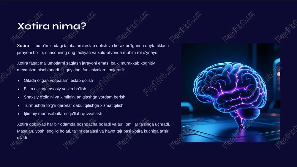 bosh miya yarim sharlari po'stlog'ining (gippokamp, prefrontal korteks va boshqa hududlar) neyronlari faoliyati xotira qobiliyatini boshqaradi. neyronlar va sinaps: har bir xotira neyronlar orasidagi bog'lantishning (sinapslar) kuchayishi yoki zaifayishi natijasida shakllanadi. ushbu bio-elektron muloqot takrarlansa, bog'lantishlari mustahkamlashadi va xotira yana ko'proq faol bo'ladi. neyroplastiklik: bosh miya butun hayot bo'ylab o'zgaruvchi bo'lib turadi. yangi narsalarni o'rganish, mashq qilish va bilim olish bosh miyaning tuzilishini o'zgartiradi va xotira qobiliyatini oshiradi. kimyoviy messenger lar: dopamin, serotonin va boshqa neyrotransmitterlar xotira oralishish jarayonida muhim rol o'ynaydi. xotira turlarining amaliy namoyon bo'lishi emotsional xotira guvoqqanlik qutqaruvcha tushimi, dafn marosimi, oilaning xush kuni yoki uzalgan sevgili 4 bu his-tuyg'ularni eslab qolish. emotsional xotira boshqa turli xotiralarga qaraganda ancha mustahkam bo'ladi. obraz xotirasi do'stingizning yuzini, tug'ilgan joyingizning ko'rinishini yoki kitobdagi rasmni eslab qolish obraz xotirasi. bu turdagi xotira vizual tasvirlarni tez va aniq tiklashga imkon beradi. so'z-mantiq xotirasi ingliz tilidagi so'zlarni, matematik formulalarni yoki tarix darsliklaridagi faktlarni …