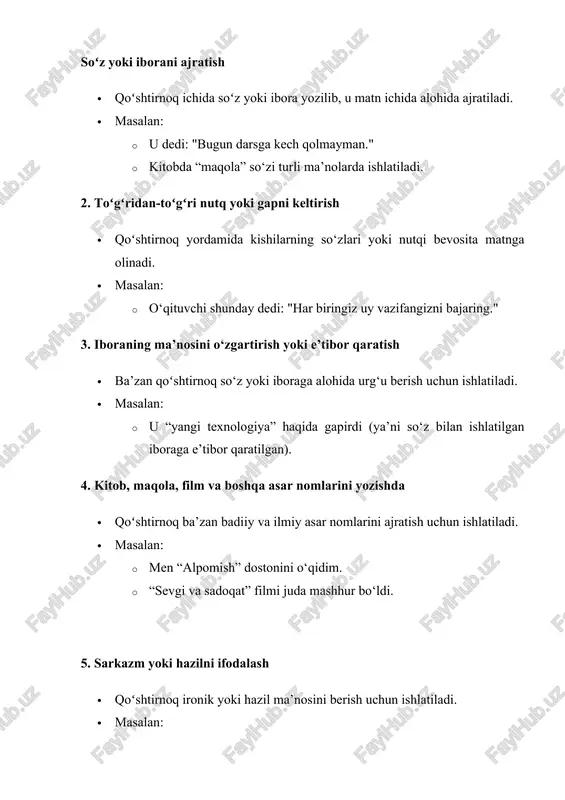 (, ʻ) ishlatiladi. uning birinchi qismi ochiluvchi q, ikkinchisi esa yopiluvchi qoʻshtirnoq deb yuritiladi. ushbu tinish belgisi oʻzbekcha matnlarda 1886-yildan "turkiston viloya-tining gazeti" sahifalarida qoʻllana boshlagan. qoʻshtirnoq koʻp vazifali tinish belgilaridan boʻlib, muayyan matn qismini chegaralab koʻrsatish bilan birga, uning matn (qarangqa olingan qism kiritilgan umumiy matn)ga sintaktik va intonatsion jihatdan maʼlum darajada bogʻlanishini, unga muvofiqlashuvini ham koʻrsatadi. qoʻshtirnoq maʼlum qismning oʻzgaligi, muayyan nutqqa yotligi (chetdan kiritilganligi), uning odatdagi maʼnoda qoʻllanmaganligi va boshqalarni ifodalash uchun xizmat qiladi. qoʻshtirnoq takroriy, oddiy va murakkab holatda qoʻshaloq holda qoʻllana oladi. bunda ochiluvchi va yopiluvchi qoʻshtirnoqlar ketma-ket qoʻllanadi; bunda ulardan birining shakli oʻzgartib qoʻllanadi. obunachilardan biri qoʻshtirnoqning qaysi turidan foydalanish kerakligi haqida soʻragan edi. shu haqda ancha-muncha narsa yozib qoʻygandim. bu orada @xatoliklar kanali shu haqda maqola eʼlon qilib qoldi. baʼzi oʻrinlari takror boʻlsa-da, men ham yozganlarimni eʼlon qilyapman. oʻzbekchada qaysi qoʻshtirnoq turidan foydalangan maʼqul? eng keng tarqalgani – “…” shakli va, menimcha, mana …