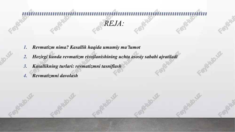 idan, ham u ajratadigan moddalar (toksinlar va ferment oqsillar) tufayli sodir bo’lishi mumkin. toksinlar qon oqimiga kirib, butun tana bo’ylab tarqalganligi uchun, immunitet javobi ham tizimli bo’lishi kerak. ammo, bunday immunitet javobi natijasida ko’proq yurak va bo’g’imlarga zarar yetadi. revmatizmning surunkali shakli streptokokk infektsiyasi bilan bog’liq emasligini e’tiborga olish kerak. surunkali revmatizmda qonda streptokokklarga qarshi antitanalar aniqlanmaydi. irsiy moyillik. birdan aytib o’tish kerak, revmatizm nasldan-naslga uzatilmaydi. biroq, streptokokk bilan kasallanganda revmatizm rivojlanishiga bo’lgan yuqori moyillik nasl surishi mumkin. kasallikning turlari: revmatizmni tasniflash kechish tabiati bo’yicha revmatizm o’tkir va surunkali shaklda bo’ladi: o’tkir revmatizm. revmatizmning bu shakli 20 yoshgacha bo’lgan odamlarda uchraydi. revmatizm o’tkir shaklining qo’zg’atuvchi agenti streptokokkdir. revmatizm boshdan kechirilgan yuqori nafas yo’llari infektsiyasi bilan birlashsa, alomatlarning kechikishi (odatda 14-21 kunlarda) qayd qilinadi. o’tkir revmatizmning o’ziga xos xususiyati uning rivojlanish tezligidir. dastlab, bemorlarni shamollash va grippdagi kabi umumiy intoksikatsiya alomatlari bezovta qiladi. aynan shu alomatlarning o’xshashligi bu kasallikni darhol aniqlashga …