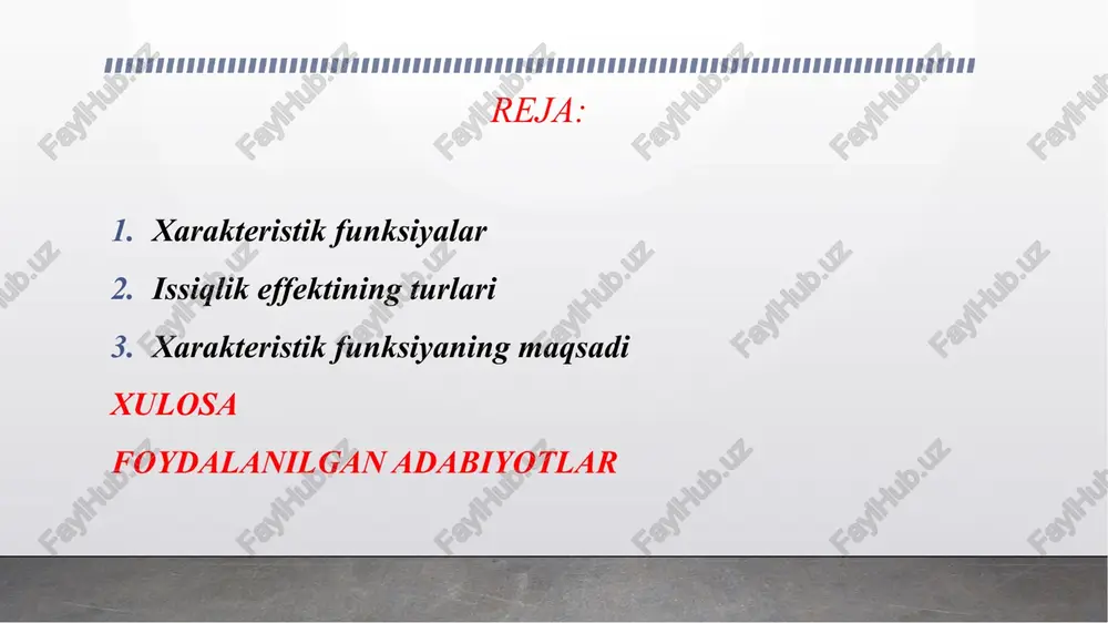 iqlash. tizimning harorat, bosim va boshqa parametrlariga bog‘liqligini matematik tarzda ifodalash. energetik o‘zgarishlarni hisoblashda asos bo‘lish. fizik va kimyoviy tizimlarda qo‘llanilishi fazaviy o‘zgarishlar: muz erishi yoki suv bug‘lanishi jarayonini tavsiflash. kimyoviy reaksiyalar: yonish, oksidlanish yoki gidroliz natijasida energiya o‘zgarishi. mexanik tizimlar: gazlarning siqilishi yoki kengayishi. misollar: gazning ichki energiyasi u(t)u(t)u(t) — gazning haroratga bog‘liq xarakteristik funksiyasi. suvning latent issiqligi lll — fazaviy o‘zgarish xarakteristik funksiyasi. kimyoviy reaksiyalar issiqligi δh\delta hδh — reaksiyalarning energetik xarakteristikalari. issiqlik effektining turlari issiqlik effekti — moddada energiyaning issiqlik shaklida o‘zgarishi. u moddaga tashqi yoki ichki ta’sirlar natijasida paydo bo‘ladi. 1. temperatura o‘zgarishi bilan bog‘liq issiqlik effekti moddaning harorati o‘zgarganda sodir bo‘ladi. formula: q=c⋅m⋅δtq = c \cdot m \cdot \delta tq=c⋅m⋅δt masalan: suvni isitish, metallni qizdirish. fizik tushuntirish: molekulalar kinetik energiyasi oshadi yoki kamayadi. tabiatda sodir bo‘ladigan yoki kimyoviy sanoatda, kimyo laboratoriyalarda amalga oshiriladigan kimyoviy reaksiyalar turli xil belgilar asosida farqlanadi. kimyoviy reaksiya uchun olingan boshlang‘ich …