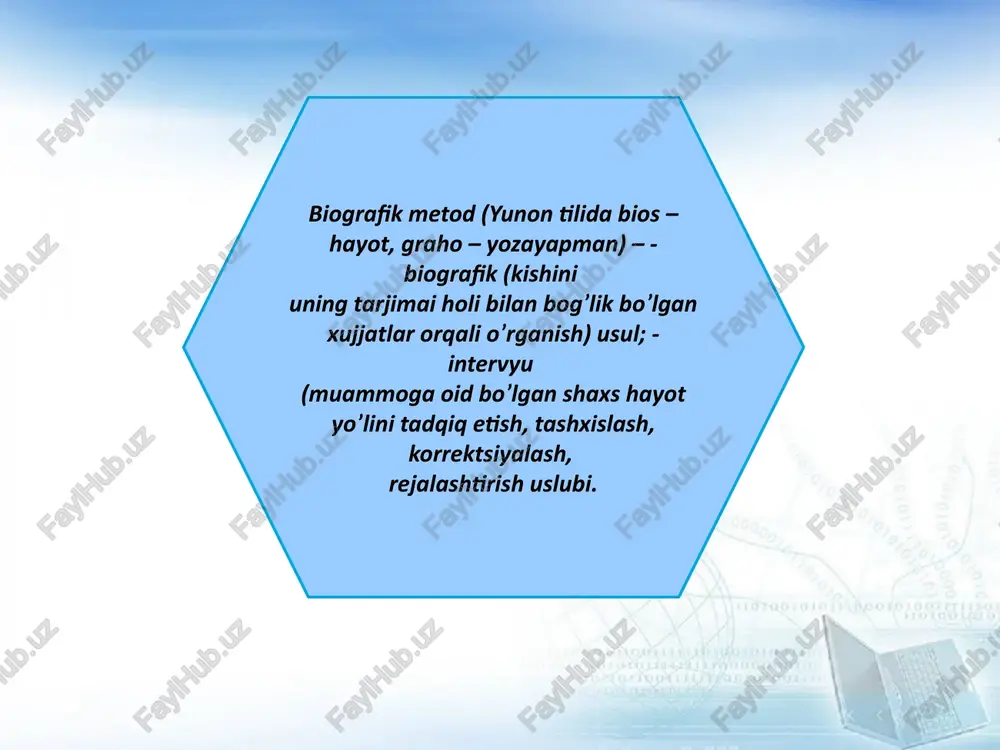 fik metod sinaluvchi ichki ruxiy dunyosini tushunish turli xayotiy vaziyatlardagi xulqiy koʼrinishlarni shakllantirish imkonini beradi.biografik tahlilning o'ziga xosligi uning shaxs, guruh (masalan, oila), tashkilot hayoti aspektlarini sub'ektiv talqin qilishga qaratilganligi hisoblanadi voqea-hodisalarni og'zaki yoki hujjatli tasvirlashda rivoyat qiluvchining o'zi nuqtai nazaridan hayotiy voqea sub'ekti ushbu voqealarni boshdan kechirishi, izohlashi va belgilashi shaklida bo'ladi. psixologiyadagi biografik yondashuv (inglizcha biografik yondashuv, hayot tarixi) - sotsiologik nominalizm va sotsiologik konstruktivizm paradigmalariga asoslangan sotsiologiyada sifatli tadqiqot usullaridan biri ular hayot tarixini, aytilgan yoki bildirilgan hayotning guvohliklarini, o'sha hayotni o'tkazganlar nuqtai nazaridan o'lchash va baholash usullari. u ma'lumot to'plash, xatlar, suhbatlar, kundaliklar, kuzatuv protokollari va uni tahlil qilish usullaridan iborat. biografik metodning mohiyati ma'lum bir shaxs qanday mexanizmlar va hodisalar tug'ilishi va kelajakda o'z taqdirini qanday shakllantirish natijasida, savolning javobida yotadi. biografik metodning psixologiyadagi afzalligi ma'lum xususiyatlar, elementlar to'plami emas, balki ajralmas shaxsni o'rganishning ajralmas imkoniyatidir. “biograf uchun shaxsiyat yaxlit, yaxlitdir. har qanday o'ziga xos …