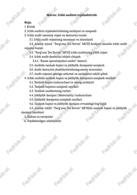 ini baholash, moliyaviy va xo‘jalik operatsiyalarining qonuniyligini, aniqligini va maqsadga muvofiqligini tekshirishga qaratilgan mustaqil, tizimli tahliliy faoliyatdir. u tashkilot rahbariyatiga qarorlar qabul qilishda ishonchli ma’lumotlar bazasini taqdim etadi, moliyaviy xatarlarni aniqlaydi va ularni kamaytirish yo‘llarini taklif qiladi. biroq ichki auditning samaradorligi bevosita uning rejalashtirish bosqichiga bog‘liq. rejalashtirish — bu audit jarayonining eng muhim tayyorgarlik bosqichi bo‘lib, u auditorlik tekshiruvining yo‘nalishi, hajmi, muddati, resurslari va natijalarini belgilaydi. ya’ni, rejalashtirish bosqichi auditning “xaritasi” vazifasini bajaradi. to‘g‘ri tuzilgan reja va dastur orqali auditorlar o‘z faoliyatini aniq, tizimli va risklarga yo‘naltirilgan shaklda olib boradi. o‘zbekiston respublikasida ichki audit tizimining huquqiy bazasi mustahkamlanib bormoqda. xususan, prezidentning 2020-yil 24-apreldagi pq–4707-sonli qarori bilan davlat sektori uchun ichki audit xizmatlarini tashkil etish, ularning vakolatlari va mas’uliyat doirasi belgilab berilgan. shuningdek, moliya vazirligi tomonidan tasdiqlangan ichki audit standartlari milliy amaliyotda yagona metodik yondashuvni shakllantirgan. ushbu normativ asoslar xususiy sektor uchun ham metodologik yo‘nalish bo‘lib xizmat qiladi. ichki auditni rejalashtirishda …