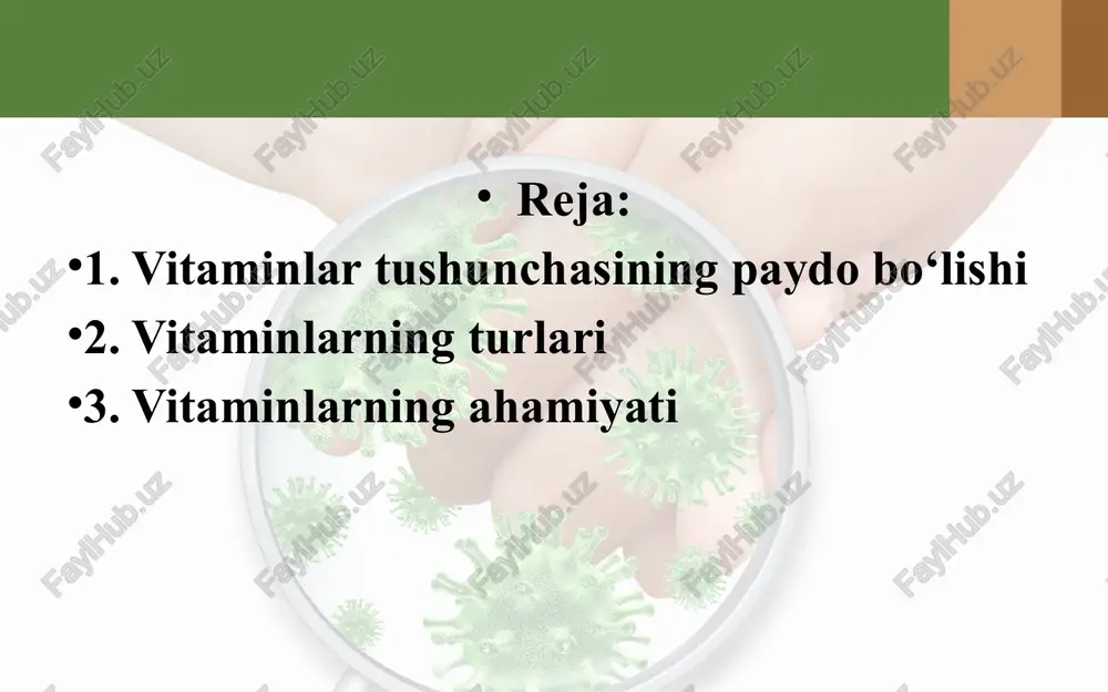 og‘da, tuxum sarig‘ida, jigarda, sabzi, qizil qalampir, o‘rik tarkibida ko‘p bo‘ladi. b guruh vitaminlarga b1 (tiamin), b2 (riboflavin), b6, b12, b15 va boshqalar kiradi. b1vitamini (tiamin) markaziy nerv sistemasida qo‘zg‘alish va tormozlanish jarayonlari normal o‘tishida, odamning aqliy faoliyati yaxshi bo‘lishida muhim o‘rin tutadi. agar u kundalik ovqat tarkibida yetarli miqdorda bo‘lmasa, odamda gipovitaminoz b1 kasalligi yuzaga keladi. buning belgilari oyoq-qo‘l muskullarining uvushib og‘rishi, holsizlik, tez charchash, odamning aqliy faoliyati pasayishi, ya’ni o‘zlashtirish, esda saqlash, e’tiborni muhim masalaga jalb etish kabi qobiliyatlarning pasayishidir. u arzimagan narsaga jahli chiqadigan bo‘lib qoladi. bu vitamin uzoq muddat davomida yetishmasa, avitaminoz b1, ya’ni beri-beri, degan kasallik yuzaga keladi. bunda nerv sistemasidagi o‘zgarish oqibatida nerv tolalari falajlanadi, terida sezuvchanlik oldiniga kuchayadi, so‘ngra yo‘qoladi, qo‘l-oyoq muskullarining harakati kuchsizlanadi. odam oyog‘ini yaxshi ko‘tara olmaydi va u qadamini kalta-kalta, xuddi oyog‘iga kishan solingan odamga o‘xshab bosadi. bu vitamin guruch po‘stlog‘ida, bug‘doy non, loviya, no‘xat, tuxum sarig‘i, yong‘oq, mol jigari …